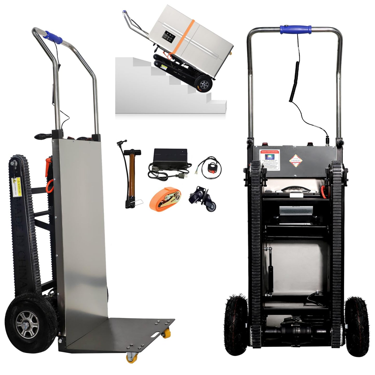 CAMINI Electric Stair Climbing Hand Trucks Dolly Cart for Moving,661LBS 600W Motor Power Heavy Duty Folding Stair Climber Cart Hand Trolley with Solid Wheel (Rubber Tracks-Black)