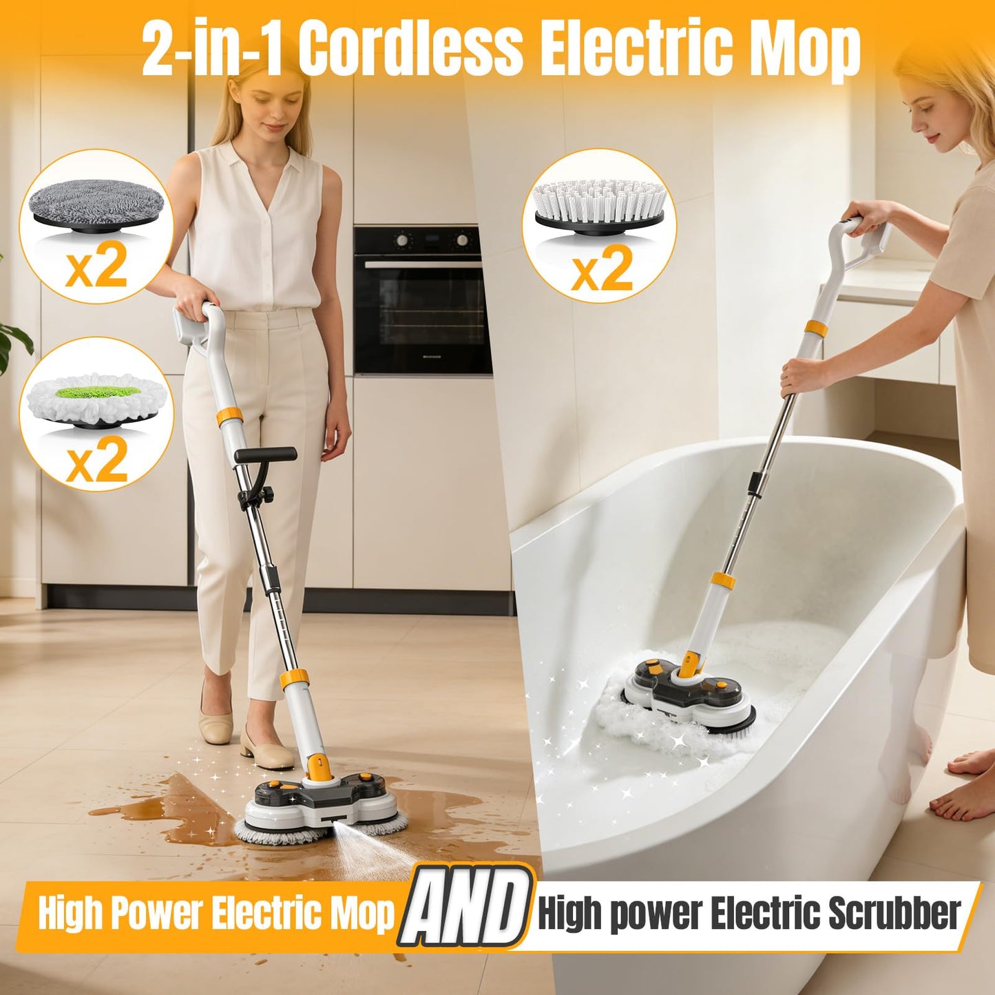 Cordless Electric Mop for Dewalt 20V Battery (NO Battery), 2 in 1 Spin Mop & Electric Floor Scrubber with LED Light & Water Spray, Electric Mops for Floor Cleaning, Hardwood,Tile (White Yellow)