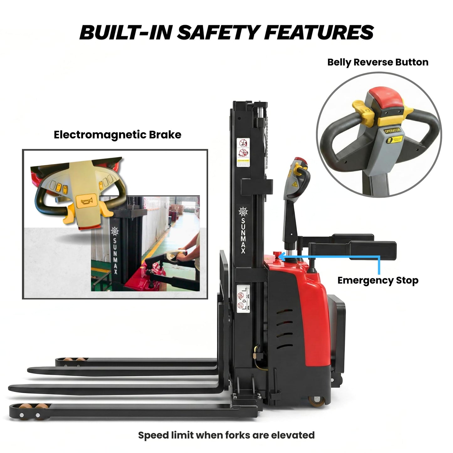 SUNMAX PS3300FEAS-3M Fully Electric Pallet Stacker, 3300 lb Capacity, 118" Lift Height, Walk-Behind Warehouse Stacker with Adjustable Straddle Legs
