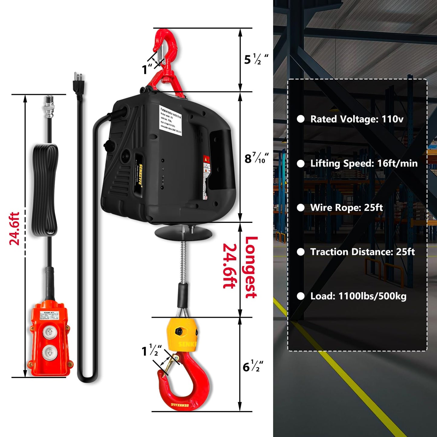 SENKEYFE Power Electric Portable Hoist Winch 1100LBS, 3 in 1 Electric Cable Hoist 110V 25 FT with Lifting Strap, Electric Hoist Lift Ceiling Winch for Lifting Towing