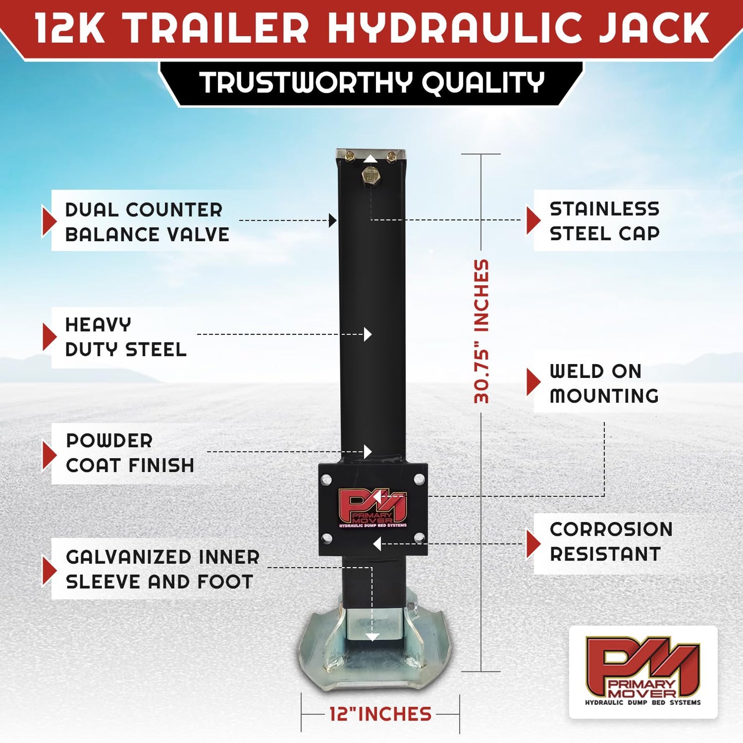 Primary Mover Hydraulic Trailer Jack (24,000 lb) - Power Jack 12K x 2 Double Acting, Lift Trailer Jack Stand & Hydraulic Jack Bracket kit with Hydraulic Power Unit (24k Jack Bolt On) PFJ-2-MB-ADS-K