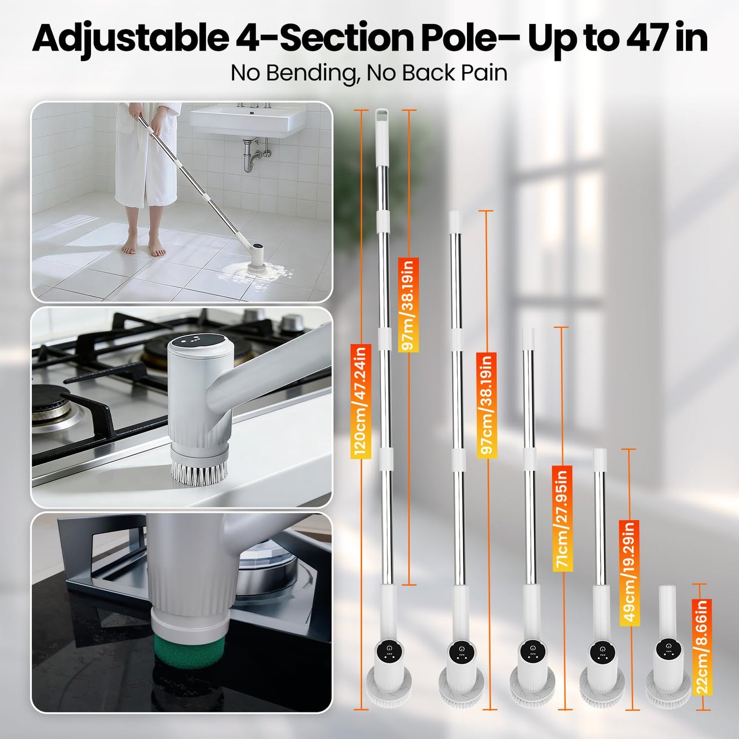 BOTLIFE Electric Spin Scrubber - 4500mAh Cordless Cleaning Brush with 6 Brush Heads, 47" Adjustable Handle Relieves Back Pain, IPX7 Waterproof Power Scrubber for Bathroom Shower Floor Tile Bathtub