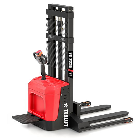 Full Electric Forklift Walkie Pallet Stacker with Stand - Fixed Straddle Legs and Adjustable Forks 5.50 Inch to 27 Inch – Material Lifter 3300lbs Capacity 13Ft/158 Inch Lifting Heights (US-DS33K-158)