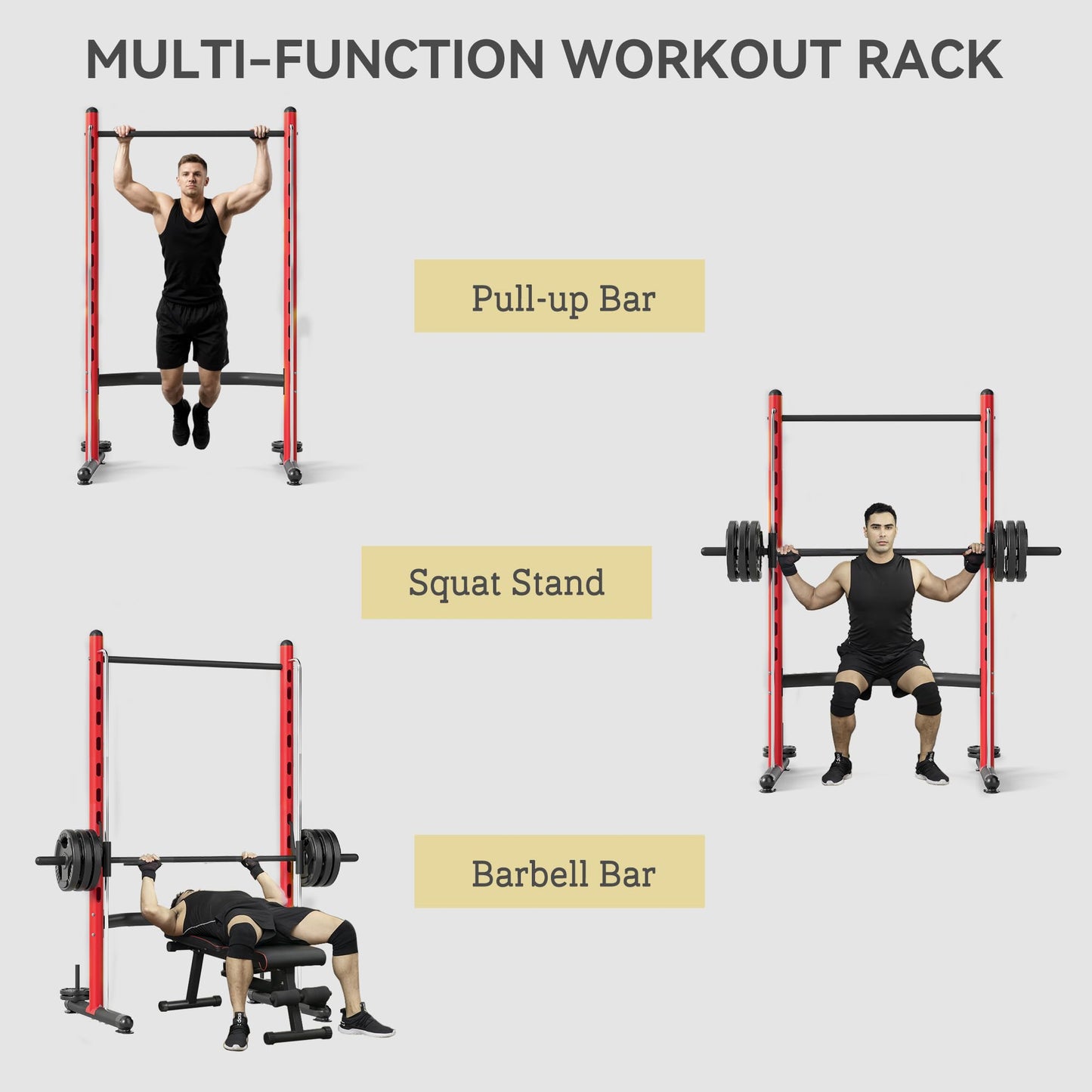 Soozier Squat Rack with Pull-Up Bar, Adjustable Power Rack with Barbell Bar, Multi-Functional Steel Bench Press Rack for Home Gym Strength Training, Black, Red