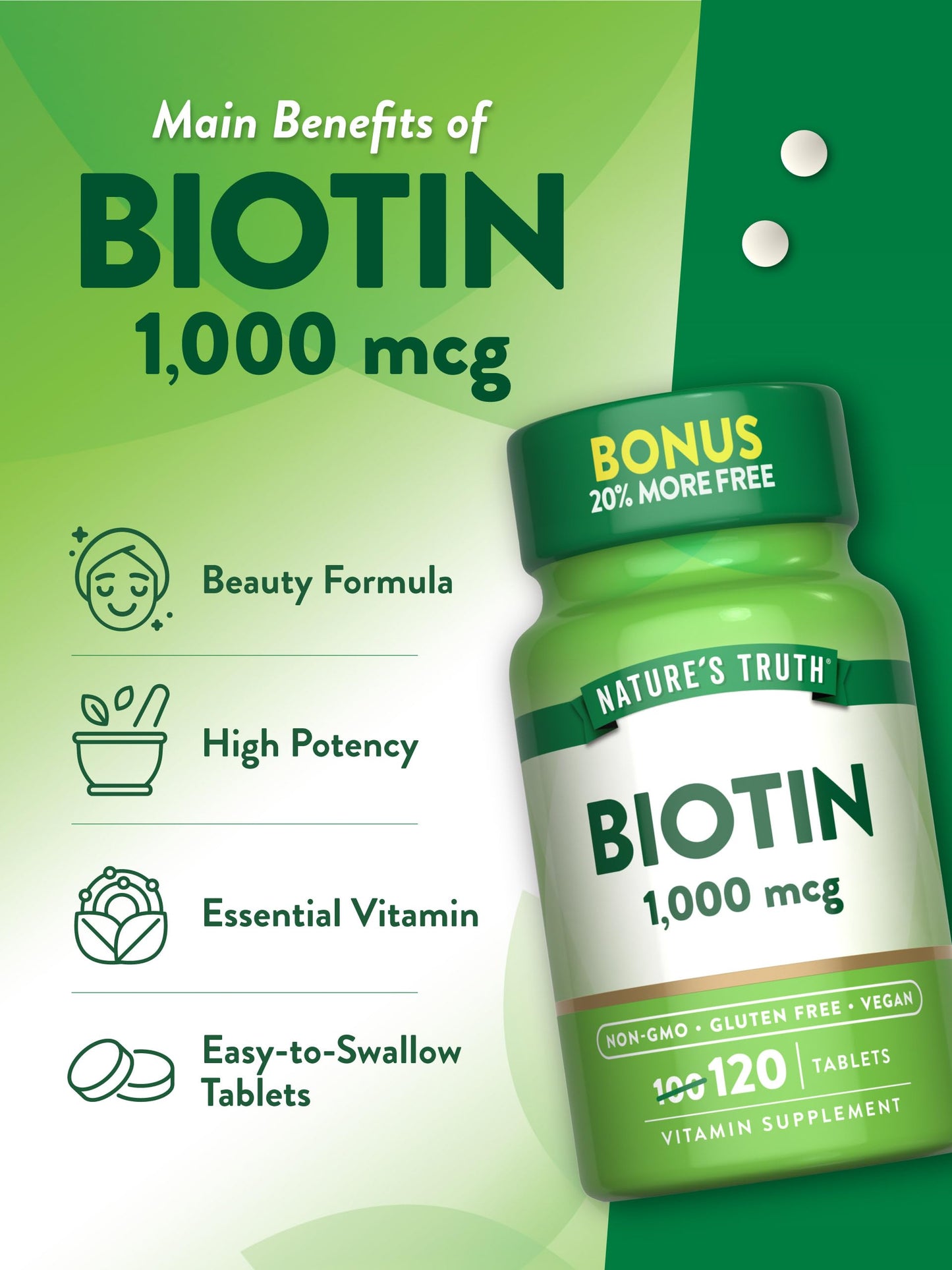 Nature's Truth Biotin 1000mcg | 120 Tablets | Vegan, Non-GMO, Gluten Free Supplement