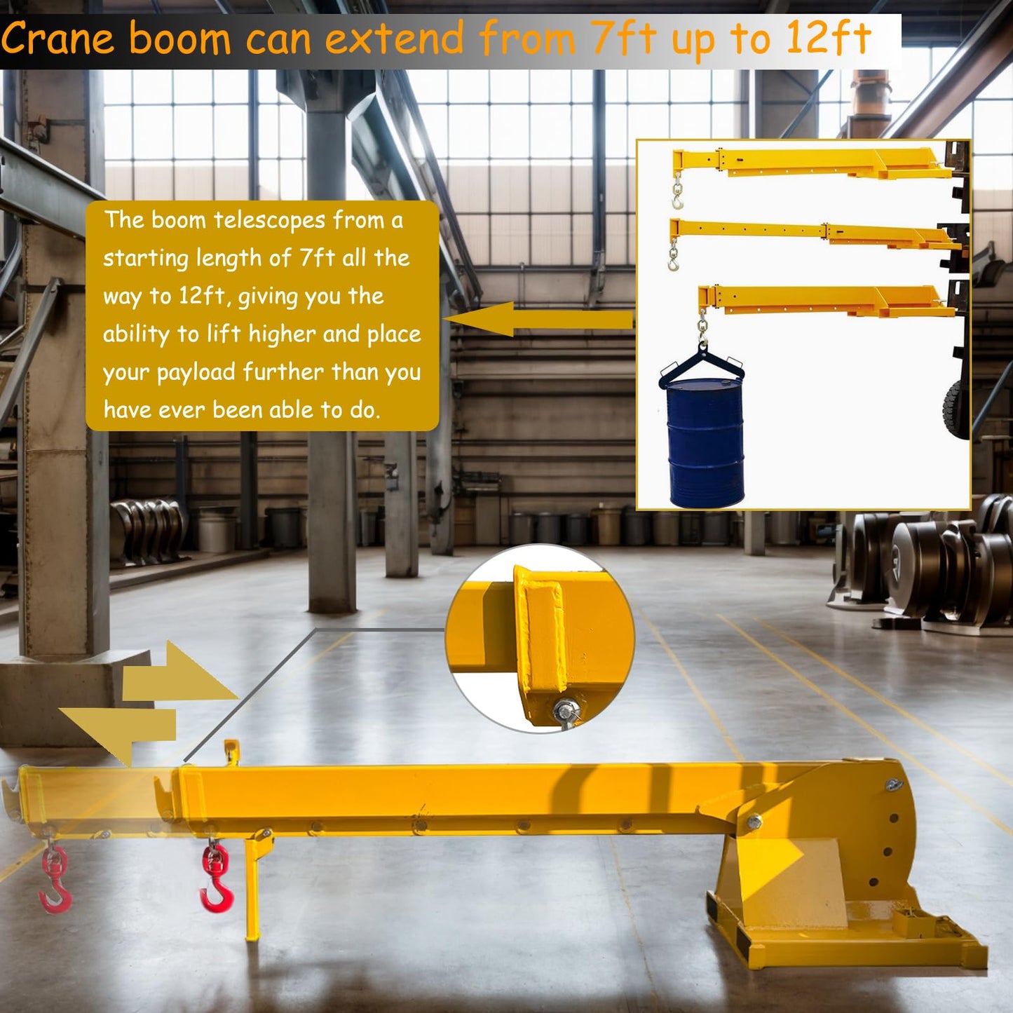 TECHTONGDA 2T/4400LB Forklift Jib Boom Crane Attachment with 0-75 Adjustable Tilt Angle, Two Swivel Hooks, Forklift Mobile Crane, Manual Telescoping Boom 7-12ft for Warehouse & Factories