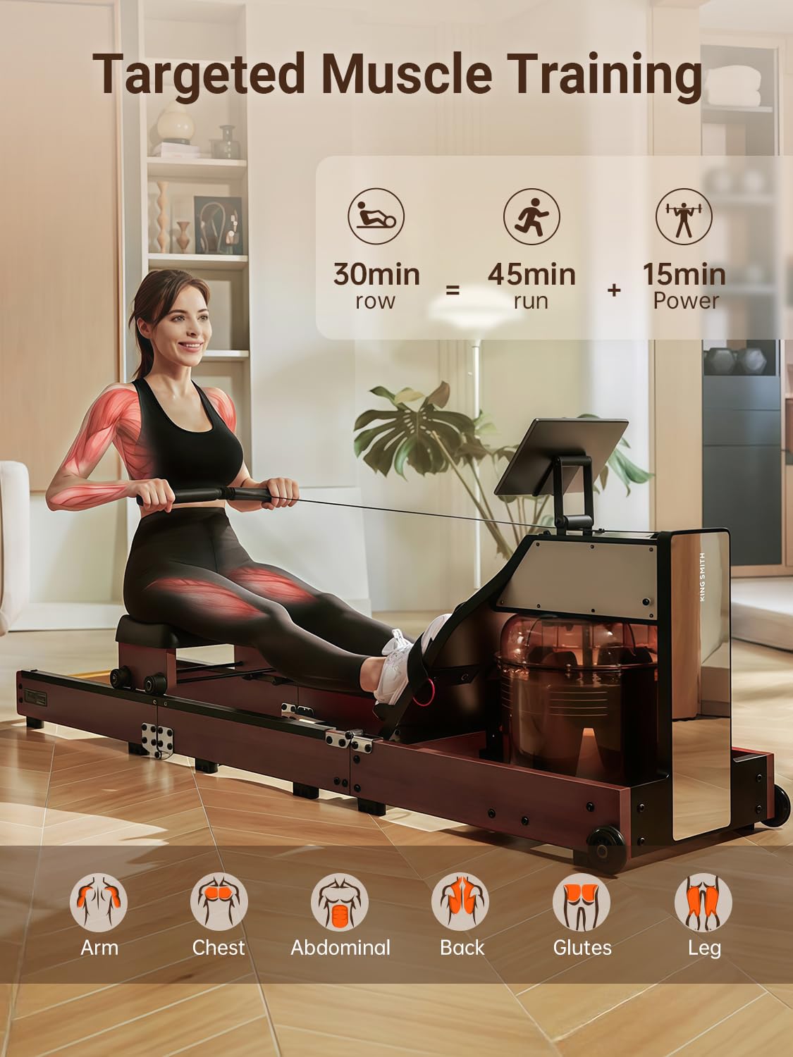 KINGSMITH Magnetic/Water Row Machine for Home Rower 331LB Weight Capacity, Folding Rowing Machine with LED Monitor, App Supported, Tablet Holder, Comfortable Seat, Trifold Home Rowing Machine Walnut