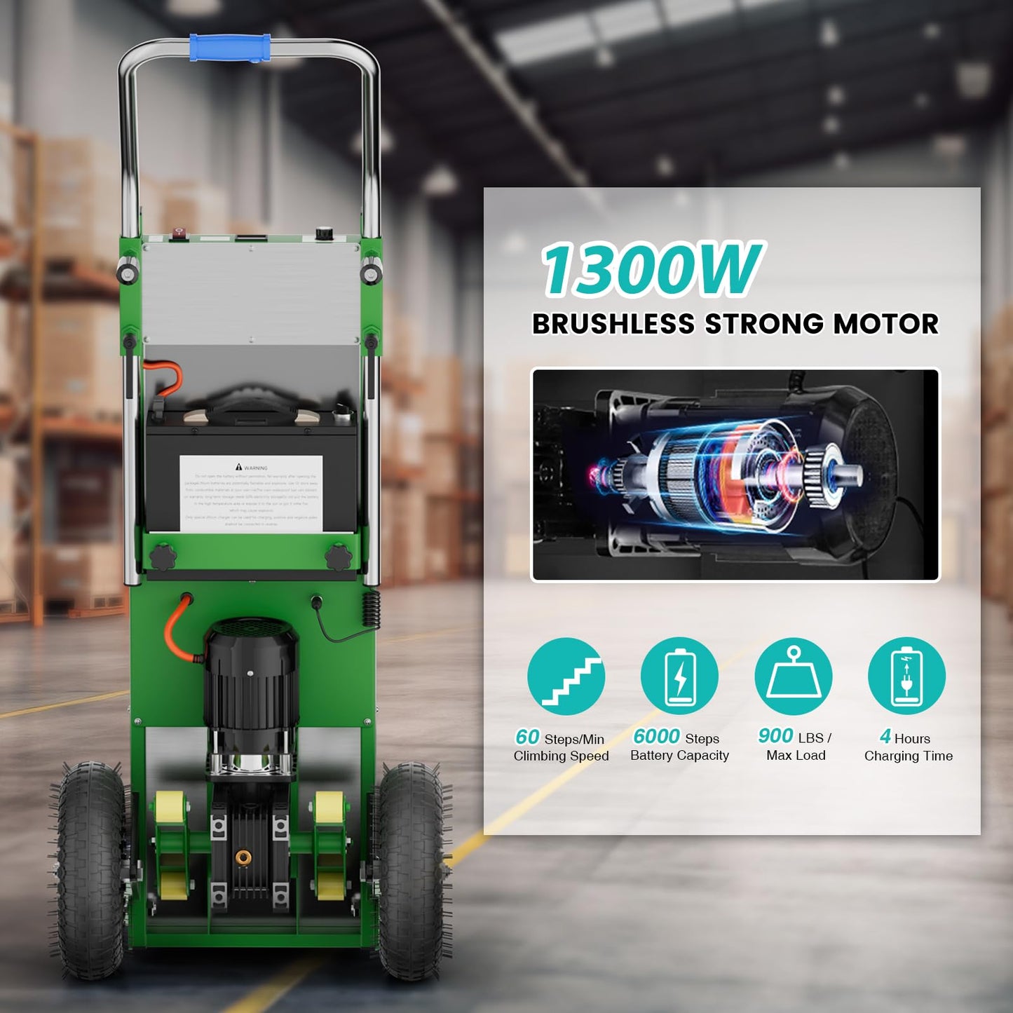 Electric Stair Climbing Dolly, 1200w Electric Hand Trucks Foldable, Large Capacity Stair Climbing Hand Trucks Dolly Cart with 4m Safety Rope, for Mobile Furniture Logistics Warehouse (Green)