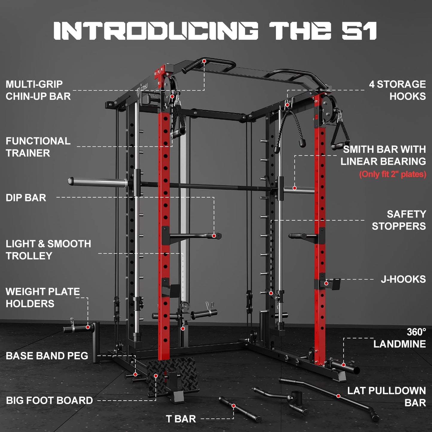 Goimu S1-V4 Smith Machine, 2000LBS Power Cage with Cable Crossover System, All-in-One Squat Rack with Smith Bar, Strength Training Equipment for Hone Gym (Red Smith Machine S1)