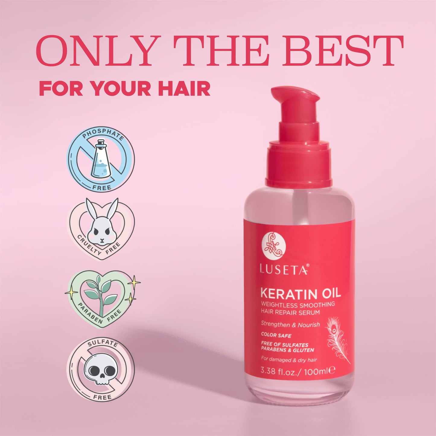 Luseta Keratin Hair Oil Serum for Color Treated Damaged & Dry Hair Strengthening & Nourishing, Keratin Hair Treatment Oil, Free of Sulfates, Paraben and Gluten 3.38 oz