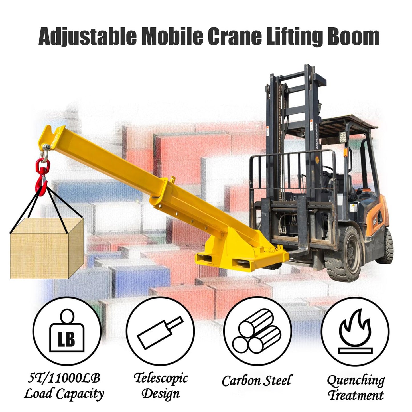 INTSUPERMAI Forklift Mobile Crane 11000lbs/5T Capacity Adjustable Forklift Jib Boom Crane Max 94.5" Telescopic Arm with Truss Hoist Jib Boom and Hook for Warehouses Factories Workshops