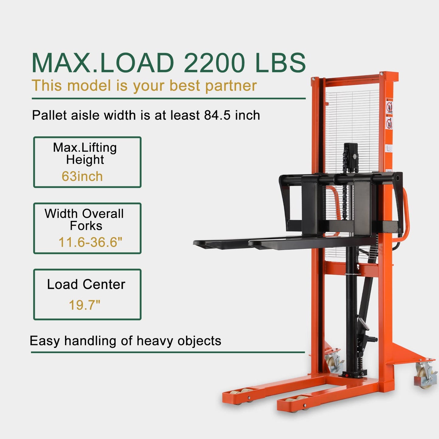 Tory Carrier Pallet Stacker, Material Lift 2200lbs Capacity 63" Lift Height Pallet Lift Truck, Manual Lift Stacker with Adjustable Forks and Fixed Legs for Open Bottom Pallets