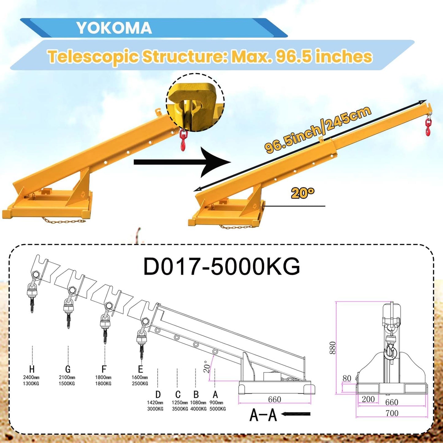 Yokoma Forklift Jib Boom Crane 11023lb Capacity Adjustable Mobile Crane Lifting Hook Hoist Pivoting Truss Jib Boom Extends 94.5in Industrial Telescopic Lift Attachments for Construction Warehouse