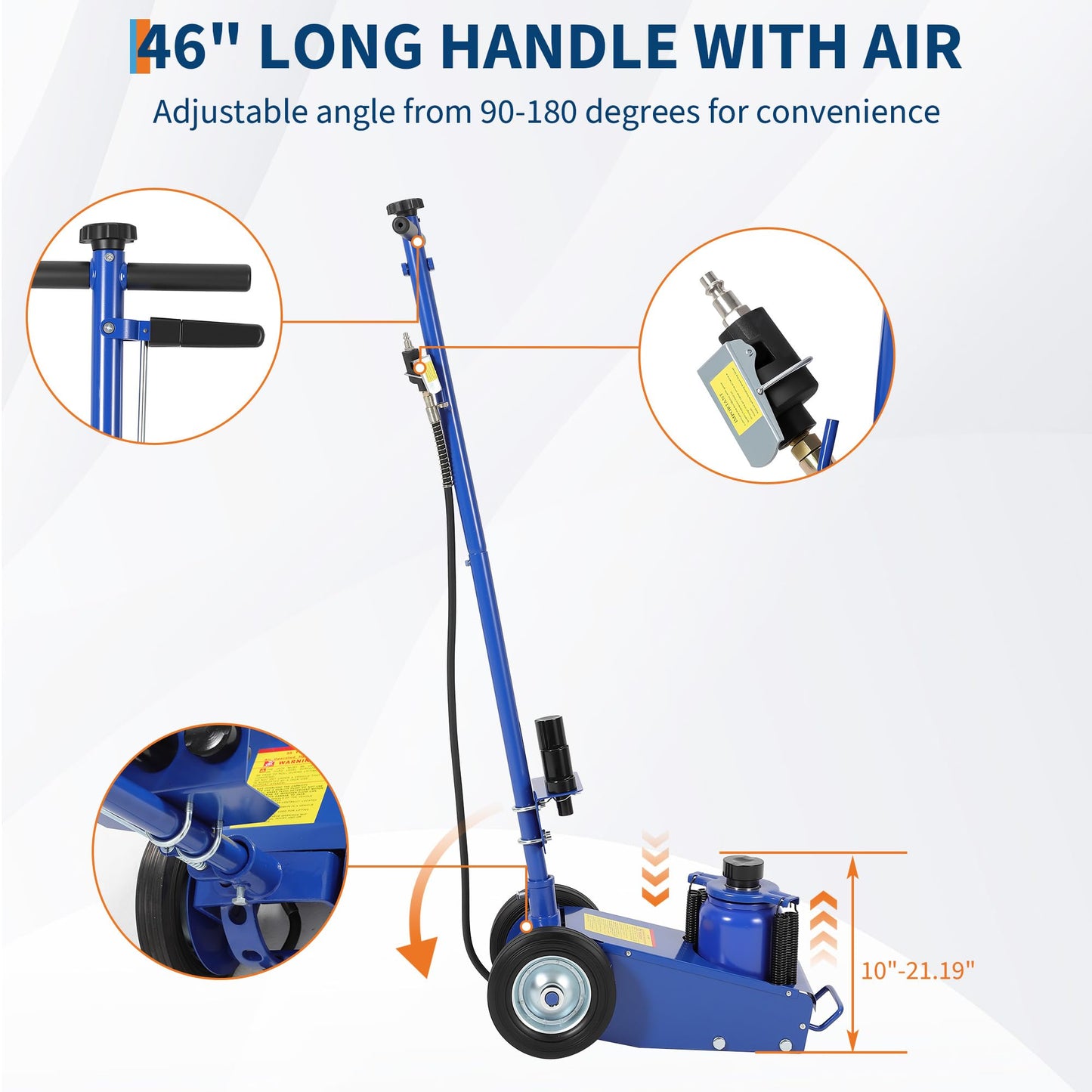 35 Ton Air Hydraulic Floor Jack for Heavy Duty Trucks & Tractors – 77,000 LBS Capacity, Low Profile (10"-21.19"), 4 Adapters (10/25/60/100mm), 46" Adjustable Handle – Dual Power (Air/Hydraulic)