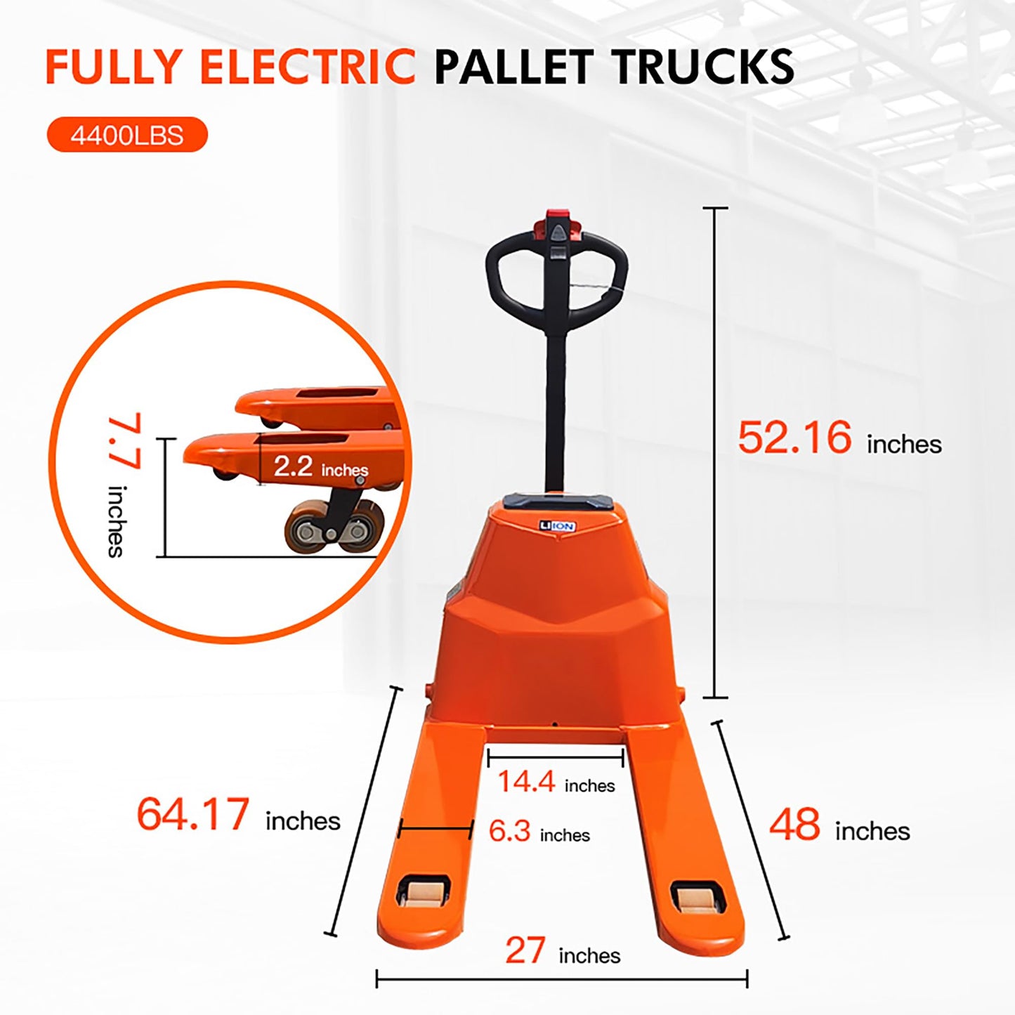 Electric Pallet Jack,4400 lb Capacity， Lithium Battery Powered Pallet Lift Truck，Fork Length 48 in. x 27 in.Multi-Function Operator Handle for Indoor Storage and Handling Pallet Truck-Orange Style