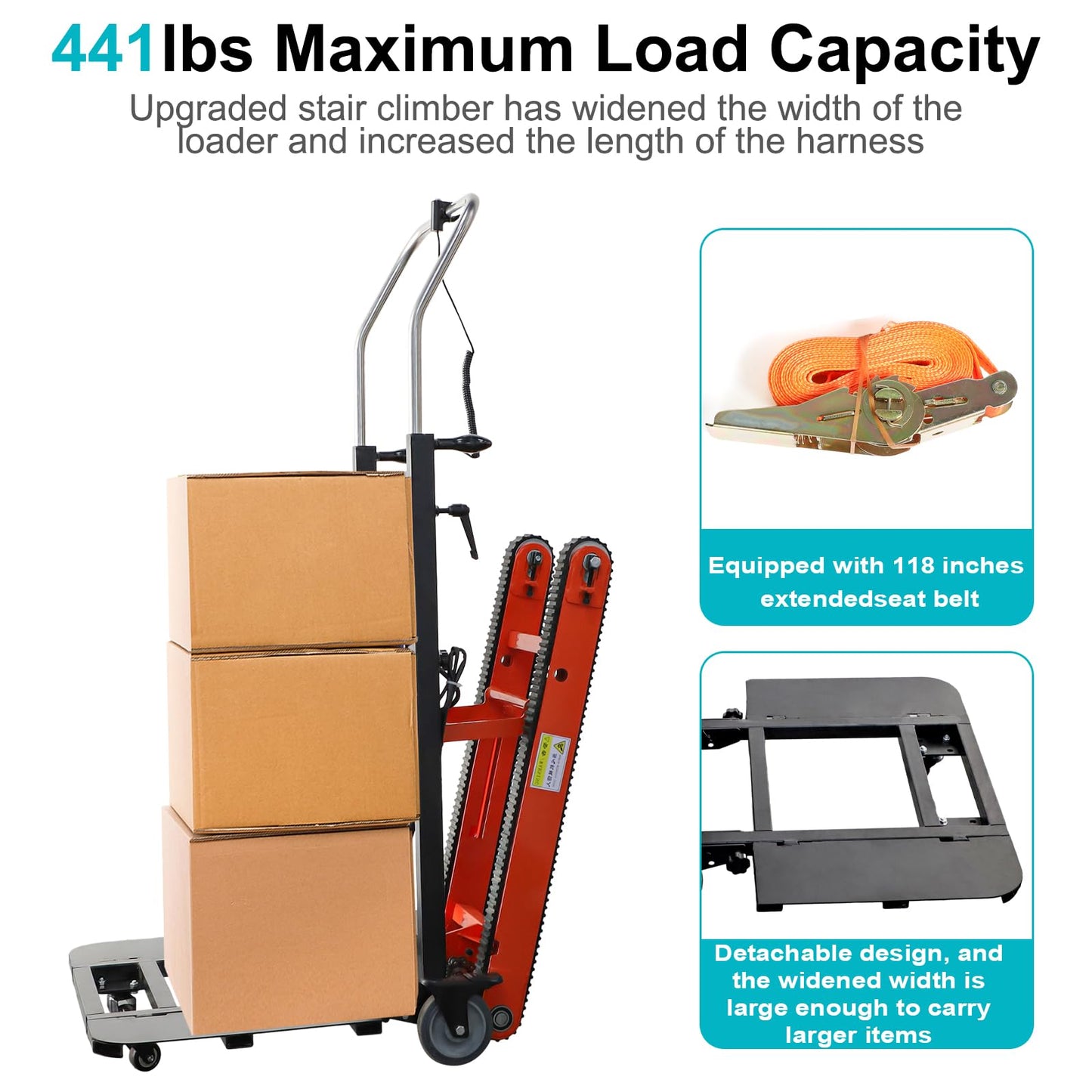 ROOMEDAL 441lbs Electric Stair Climbing Hand Trucks Dolly with Removable Extension Tray, 400W Powerful Motor Battery Powered Folding Stair Climbing Dolly for Furniture Family Logistics Warehouse