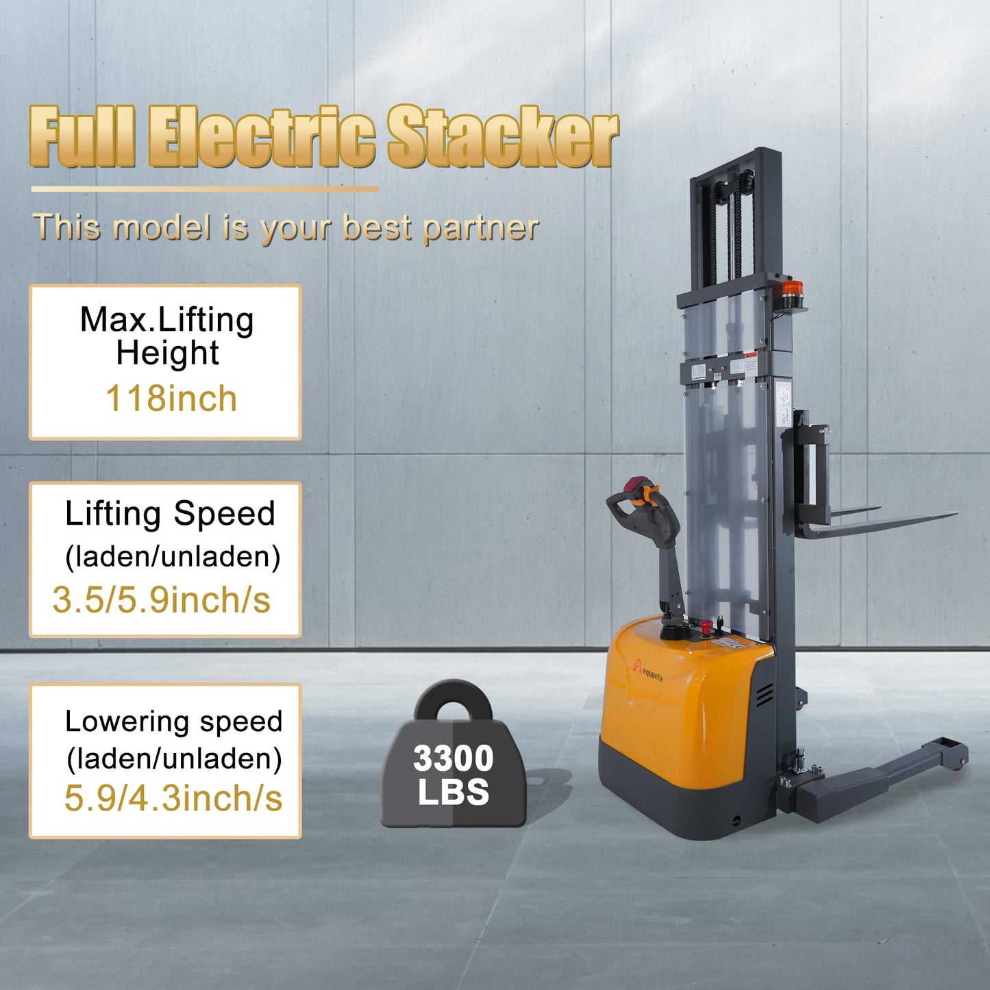 Aequanta Full Electric Pallet Stacker, Electric Drive and Lift Stacker, 3300 Lbs Capacity 118" Max Lifting Height, Adjustable Forks, Powered Lift Truck for Warehouse and Material Handling