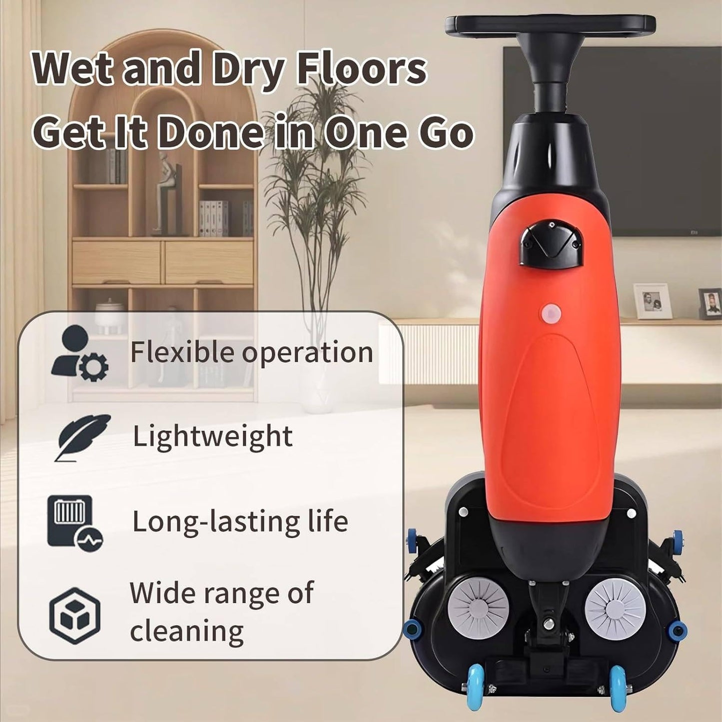 LSHFYV Cordless Electric Floor Scrubber, 17" Commercial Floor Scrubber Machine with Double Brush Disc Battery-Powered Multi-Functional Floor Buffer Machine 360°Rotation, 12916 sqft, 360 RPM Motor Red