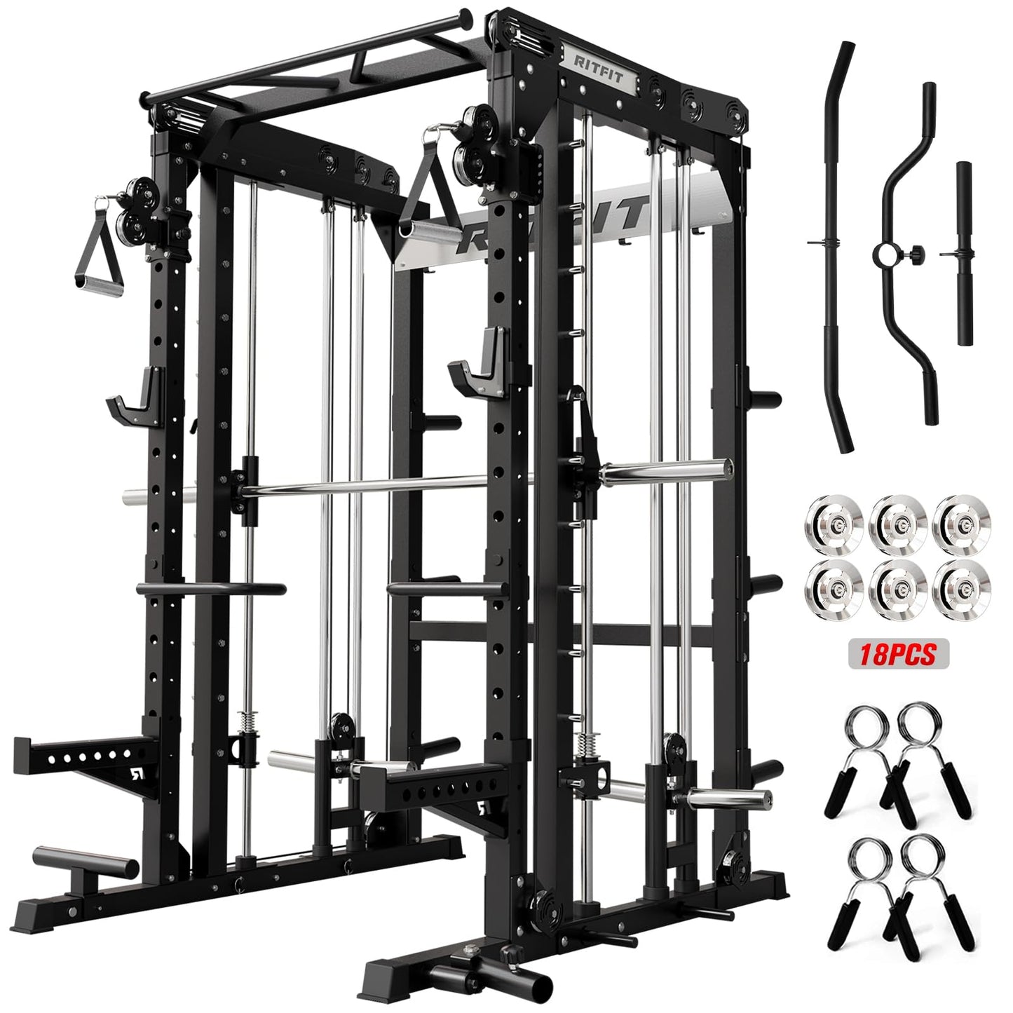 RitFit M2 Smith Machine with with Cable Crossover System, 3D Functional Trainer & Power Cage, 16 Adjustment Holes, 6 Storage Pegs for Full-Body Home Gym(M2 Basic-Black)
