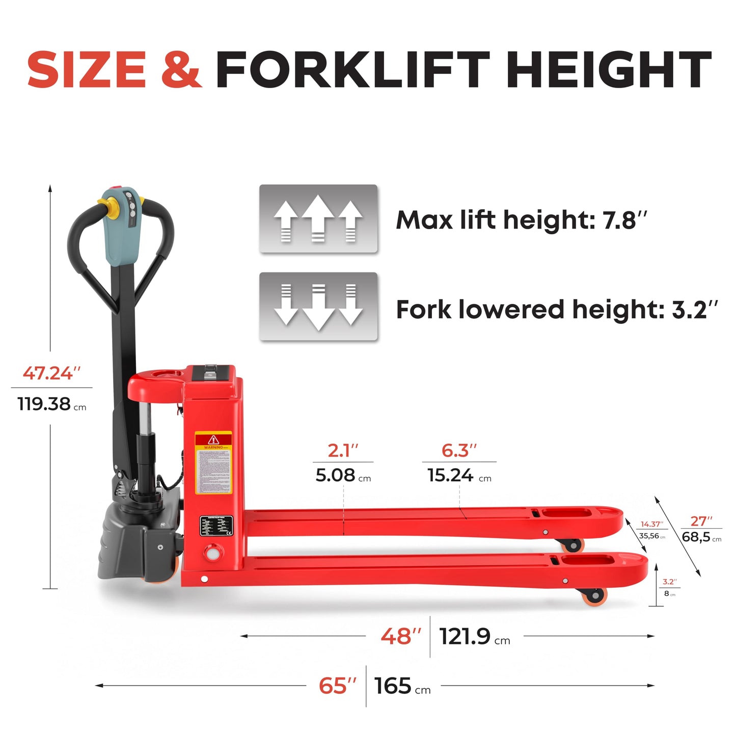 Full Electric Forklift Walkie Pallet Stacker with Stand 3300 Lb Capacity 158 Inch Lifting Height and Full Electric Power Pallet Jack 3300 Lb Capacity 48” L x 27” W Fork Size