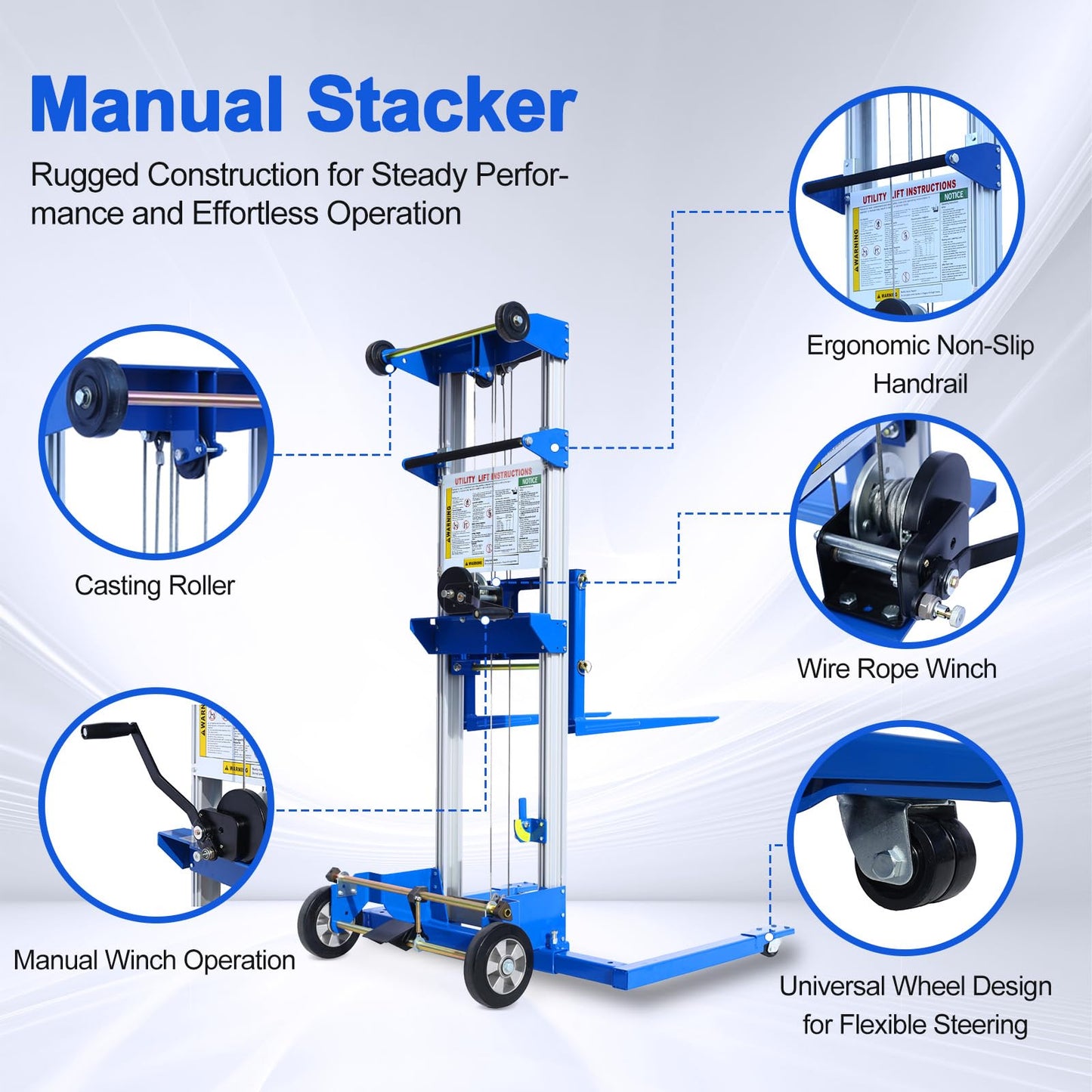 ELOMBR 2PCS Material Lift Winch Stacker, 1.97"-70" Height Range, 500 lbs Capacity, Adjustable Straddle Hand Winch Lift Trucks for Warehouse, Factory, 42.90" L x 43.30" W