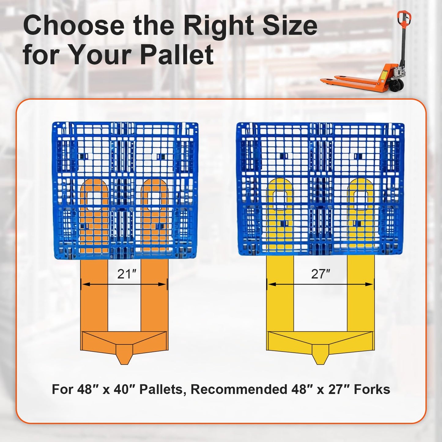 Tory Carrier Pallet Jack 5500 Lbs Capacity 48" Length x 21" Width Forks Standard Duty Pallet Trucks, Hand Truck, Manual Pallet Jack, Orange