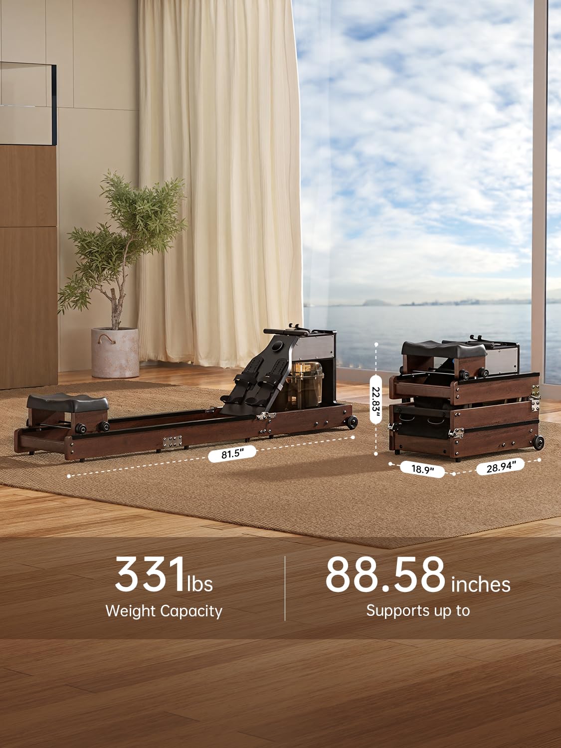KINGSMITH Magnetic/Water Row Machine for Home Rower 331LB Weight Capacity, Folding Rowing Machine with LED Monitor, App Supported, Tablet Holder, Comfortable Seat, Trifold Home Rowing Machine Walnut