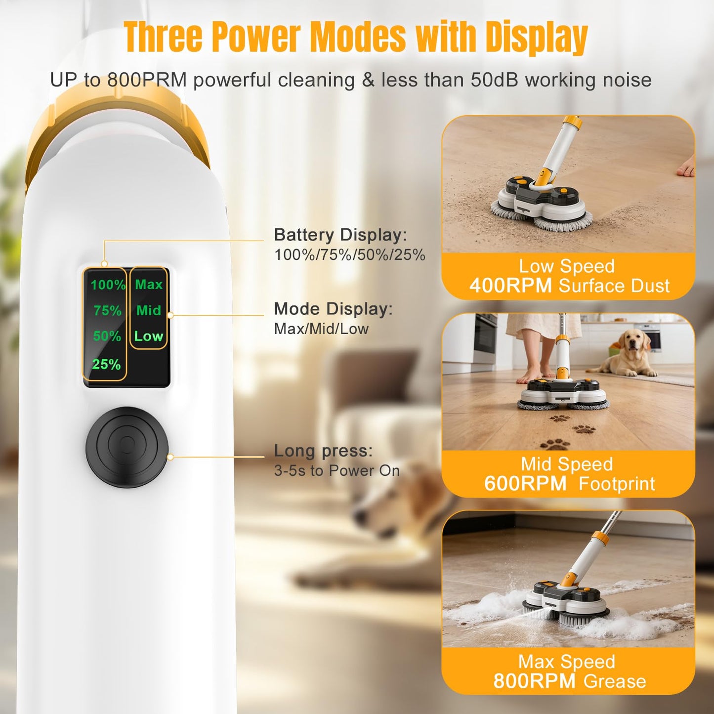 Cordless Electric Mop for Dewalt 20V Battery (NO Battery), 2 in 1 Spin Mop & Electric Floor Scrubber with LED Light & Water Spray, Electric Mops for Floor Cleaning, Hardwood,Tile (White Yellow)