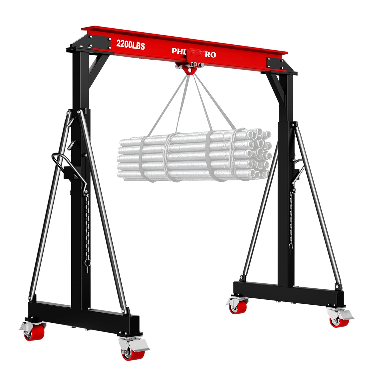 1 Ton Gantry Crane - MAX3000Lbs Portable Hoist Frame with Steel I-Beam Construction, Adjustable Height 8.57-12.50ft, Lifting Gantry for Factories, Garage, Auto Repair, Construction Site, Red