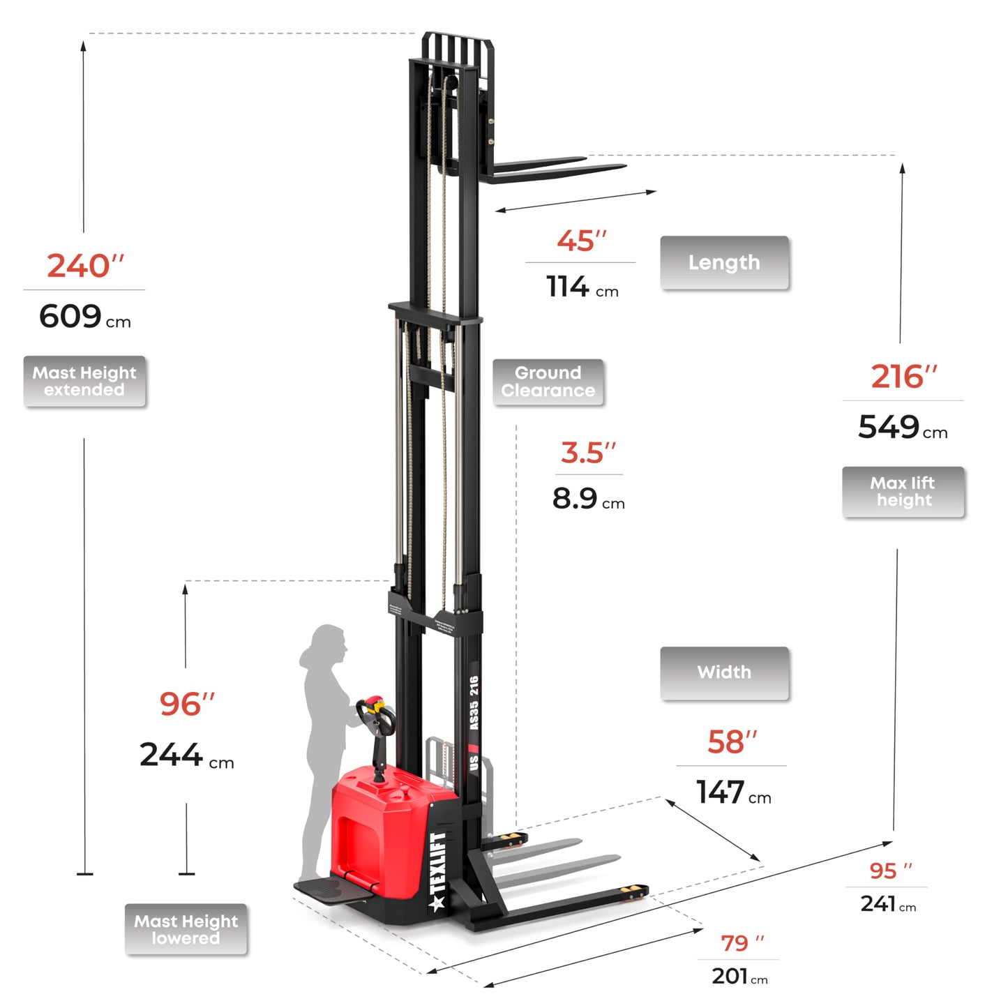 TEXLIFT Full Electric Pallet Stacker with Stand – 3300 lbs Capacity, 216″ Lift Height, Adjustable Forks, Fixed Straddle Legs, Walkie Electric Forklift for Warehouse Material Handling - (US-AS35-216)