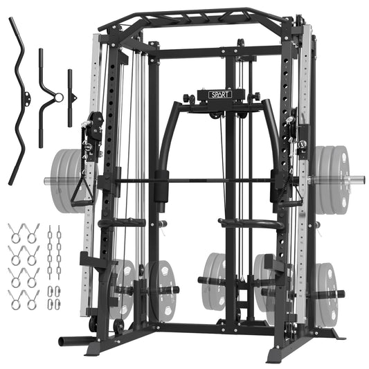 SPART Workout Station Angled Smith Machine,Cage System-Home Gym Multifunction Rack,Workout Equipment with Smithe Bar, LAT Pull-Down Systems, Cable Crossover Machine and Cable Attachment