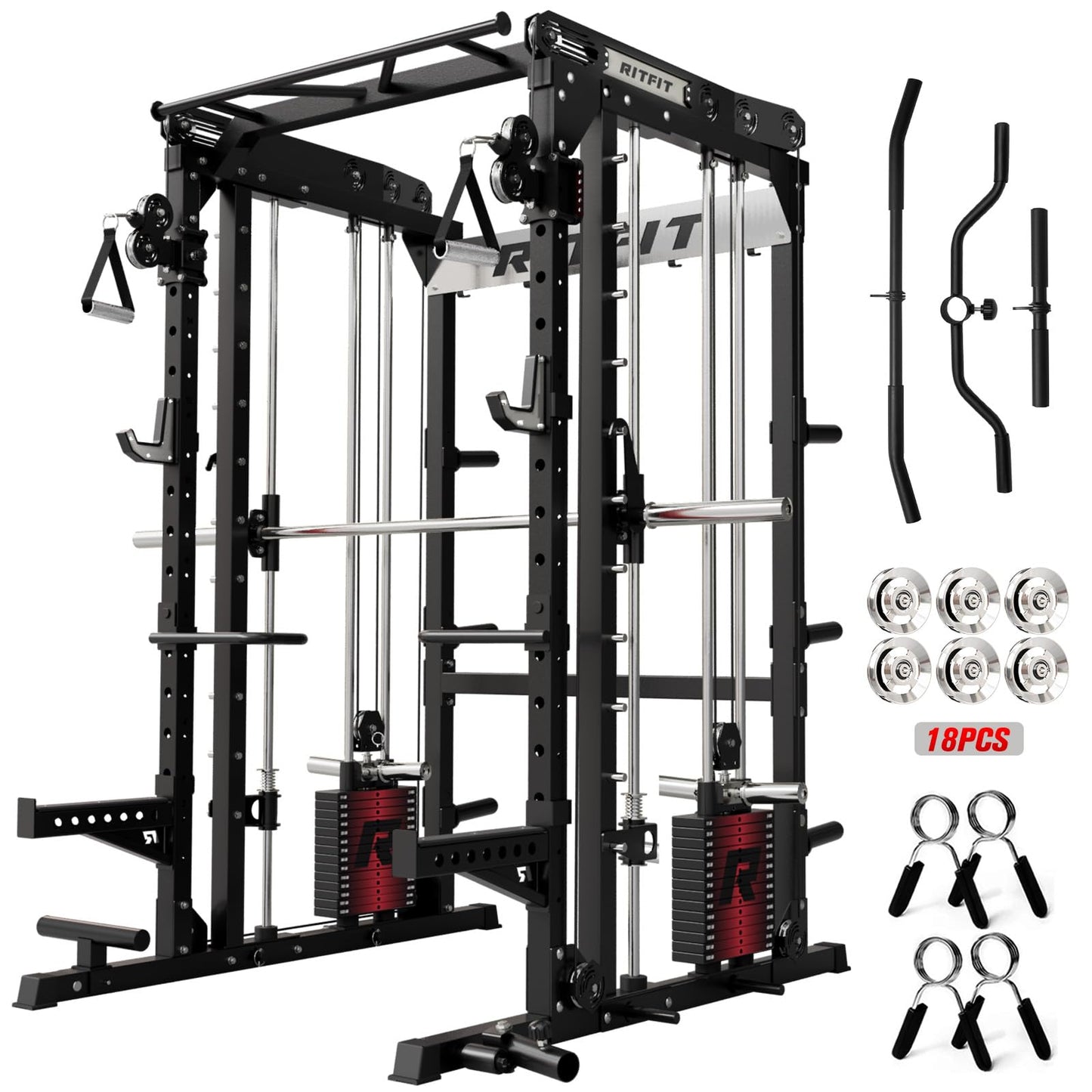 RitFit M2 Smith Machine with with Cable Crossover System, 3D Functional Trainer & Power Cage, 16 Adjustment Holes, 6 Storage Pegs for Full-Body Home Gym(M2 Pro Black)