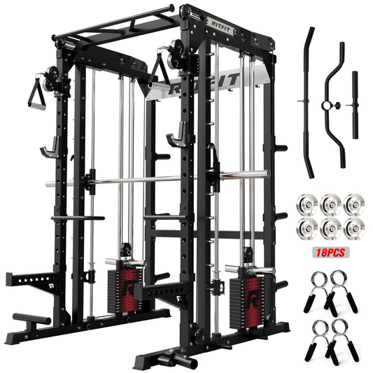 RitFit M2 Smith Machine with with Cable Crossover System, 3D Functional Trainer & Power Cage, 16 Adjustment Holes, 6 Storage Pegs for Full-Body Home Gym(M2 Pro Black)