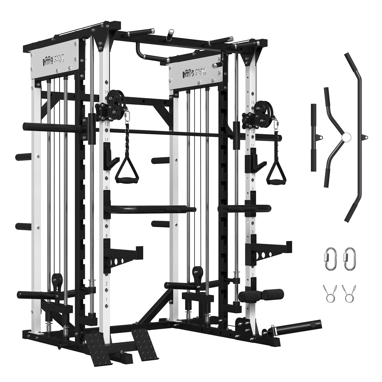 ONNO Smith Machine,2200lbs Squat Rack with LAT-Pull Down & Cable Crossover System,Multi-Function Power Cage for Home Gym with Leg Hold-Down Attachment(White)
