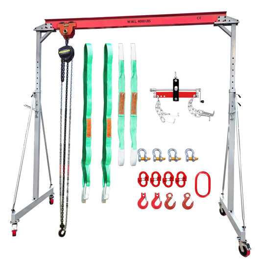 Extra-Large Size Adjustable Gantry Crane 4000 LB, Width 10.5 FT, Height Adjustable 9.84 FT~ 10 FT~ 12 FT ~ 13.78 FT, Portable Crane 2T with Chain Hoist, Trolley and Rigging Kit (4000 LBS)