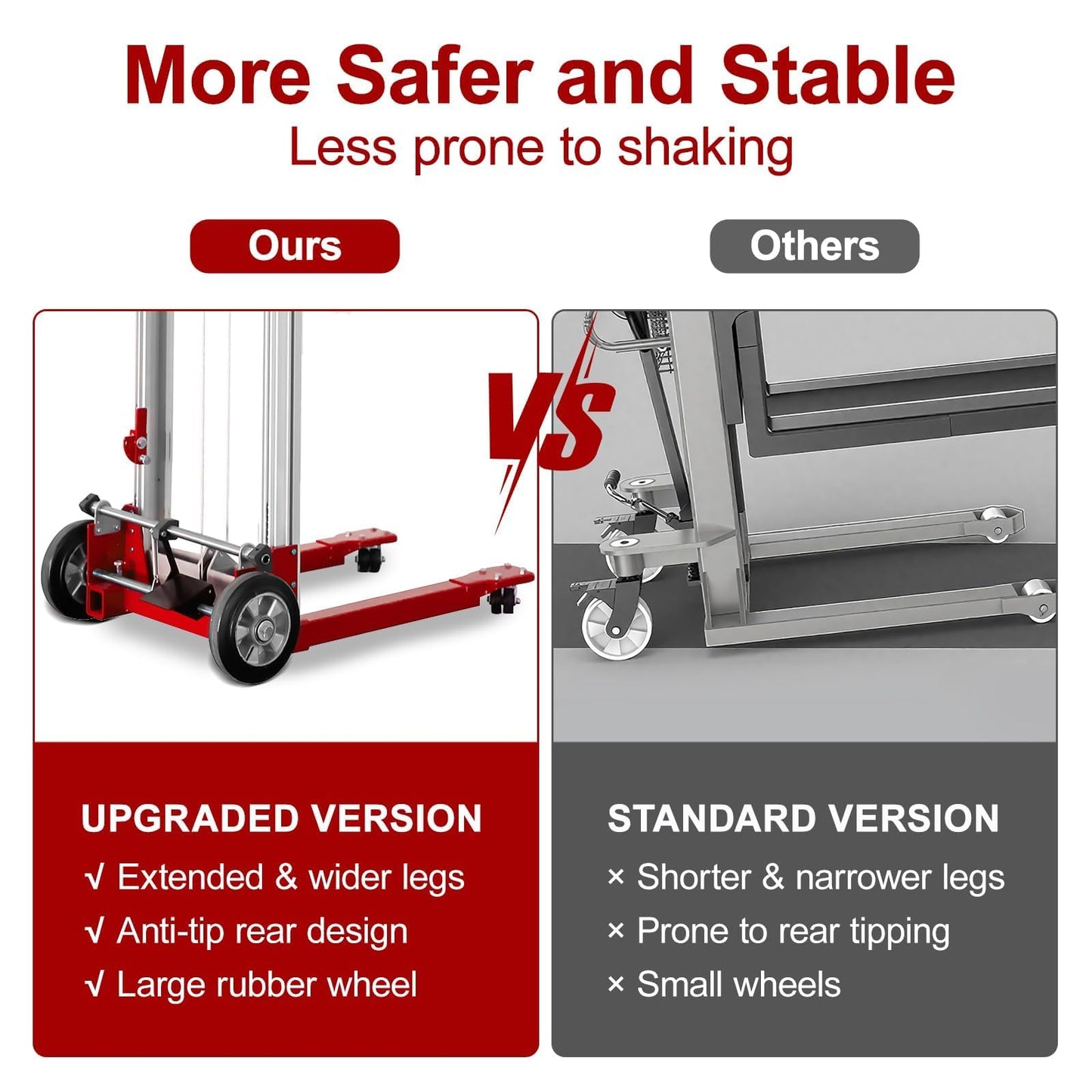 ELOMBR 122" Material Lift Winch Stacker, 400 lbs Capacity Manual Material Lifts, Fixed Straddle Material Lifter, Hand Winch Lift Trucks for Warehouse, Factory, Lightweight, 34.60" L x 24.80" W, Red
