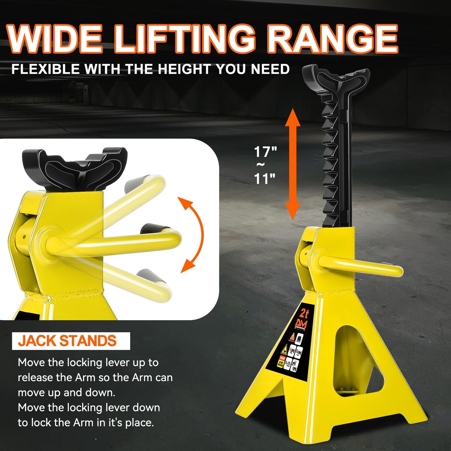 PM PERFORMOTOR Low Profile Hydraulic Trolley Service/Floor Jack Combo with 2 Ratchet Jack Stands, 2 Ton (4000 lbs) Capacity, Yellow,PM-TOL-FJ3P-YL