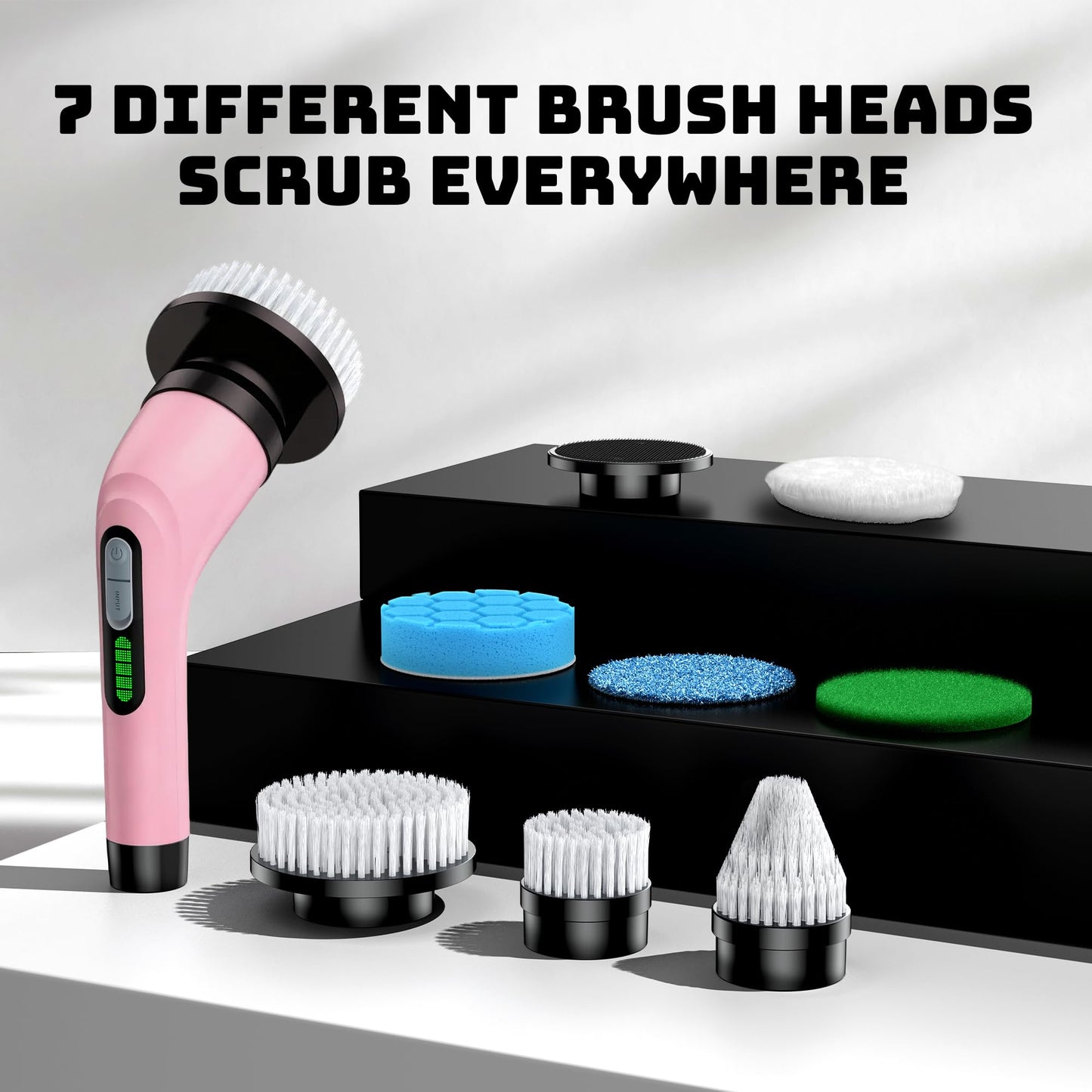 VigorDay Electric Spin Scrubber - Cordless Bathroom Scrubber with 7 Brush Heads - Dual Speed IPX7 Waterproof Power Scrubber for Heavy-Duty Bathtub, Glass, Tile, and Car Cleaning (Pink)
