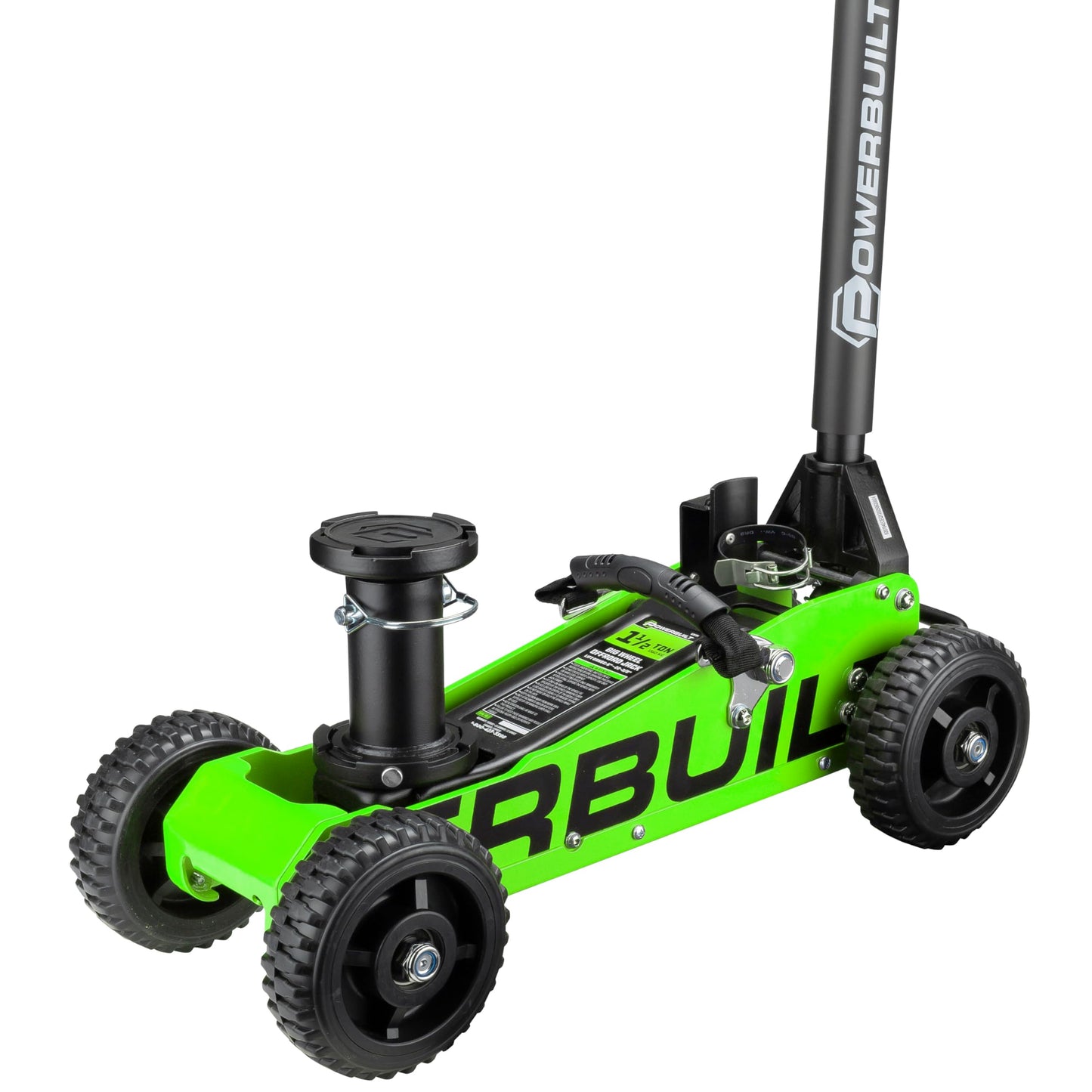 Powerbuilt 1.5 Ton Big Wheel Off Road Jack, Vehicle Lift for Trucks, SUVs, ATVs Offroad Vehicles, Oversized Wheels for Rugged Terrain, 3000 LB Capacity, Green 620628ECE