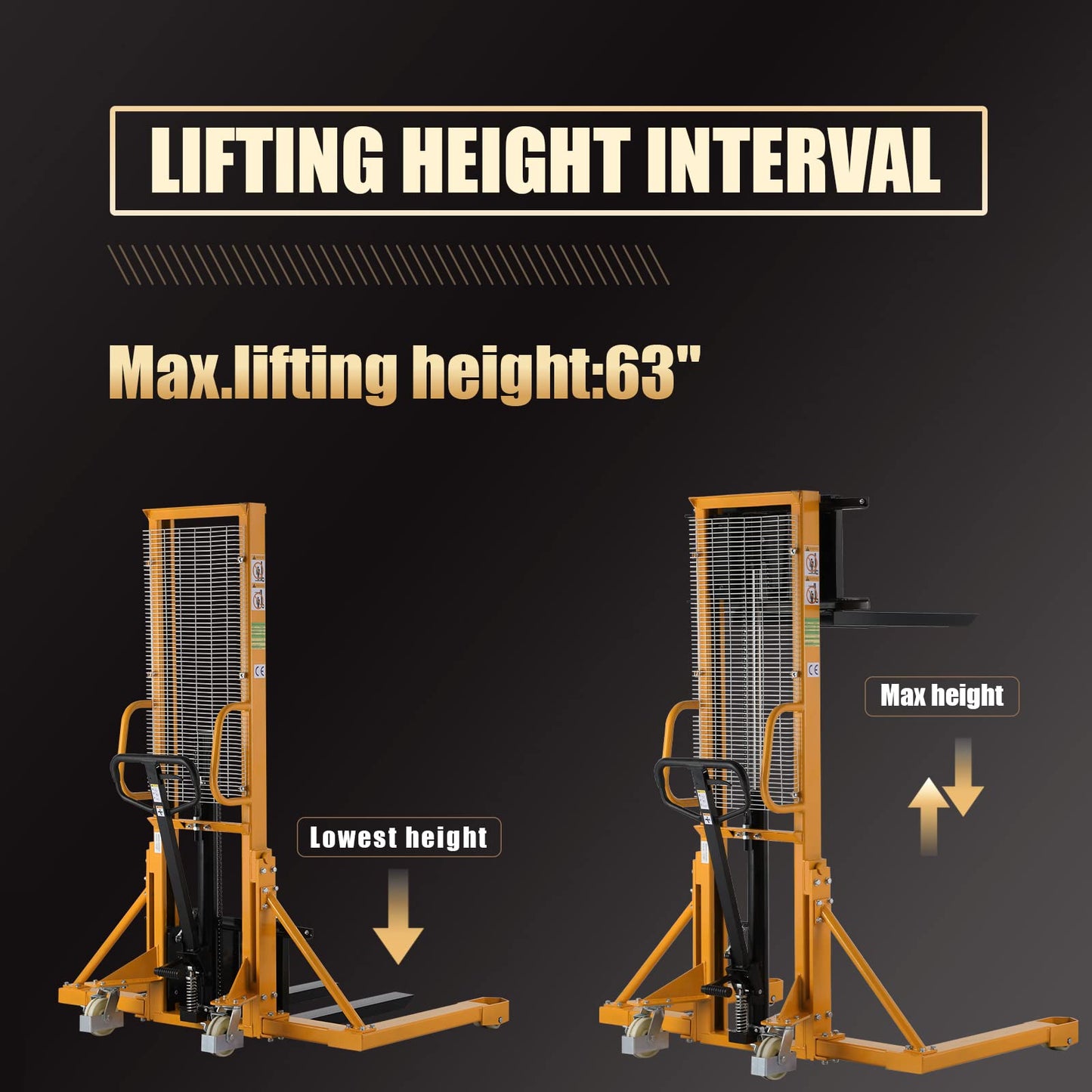 Aequanta Straddle Legs Manual Pallet Forklift Hand Pallet Stacker 1100lbs Capacity 63" Lifting Height with Adjustable Fork