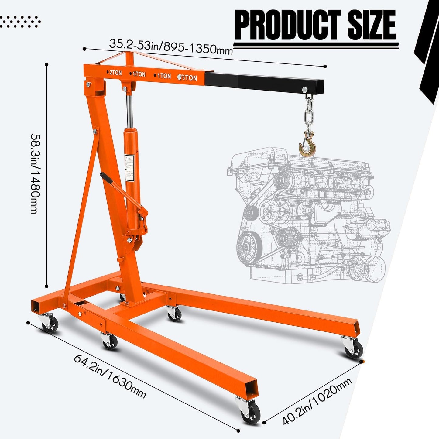 Hydraulic Engine Hoist, 2-Ton Folding Portable Shop Crane Lift, 4400 Lbs Capacity with Telescopic Boom and 6 Casters, Foldable Mobile Cherry Picker for Garage Workshop Warehouse, Orange, Heavy-Duty