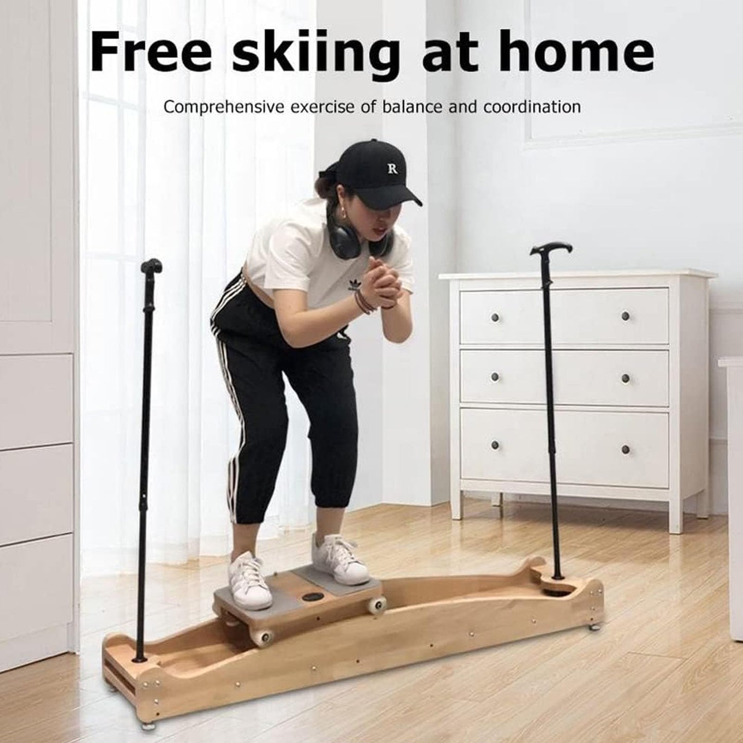 Ski Trainer Machine, Multi-Function Elliptical Cross Trainer with Armrest Height Adjustable Powdered Aluminum Polypropylene White Oak Veneer Load-Bearing About 150kg, Leg Exercise Equipment