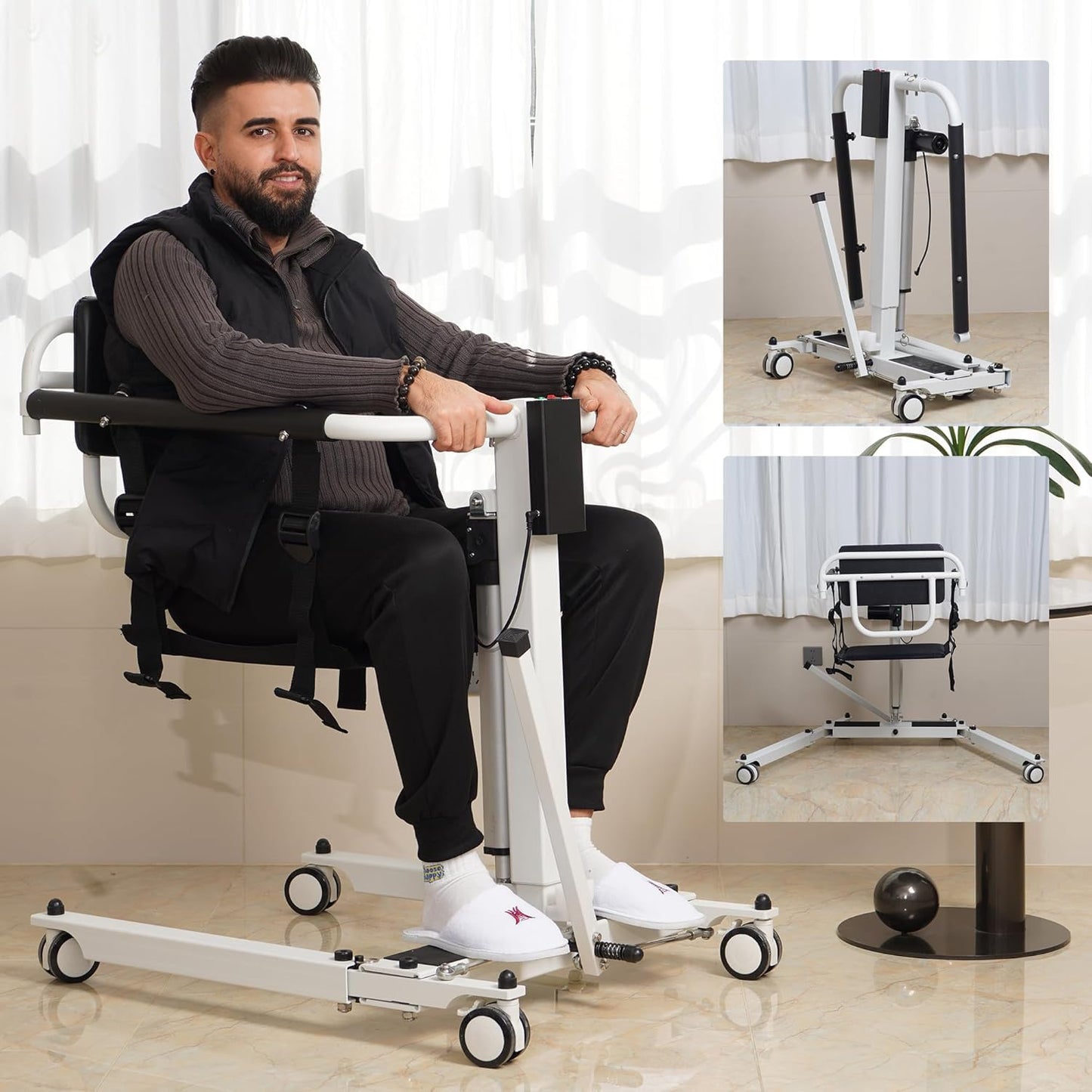 Foldable Electric Patient Lift Transfer Chair, Adjustable Height & Base Width, Portable Mobility Aid for Elderly, Bed to Wheelchair/Sofa/Toilet/Car Transfers (Electric Patient Lift Transfer Chair)
