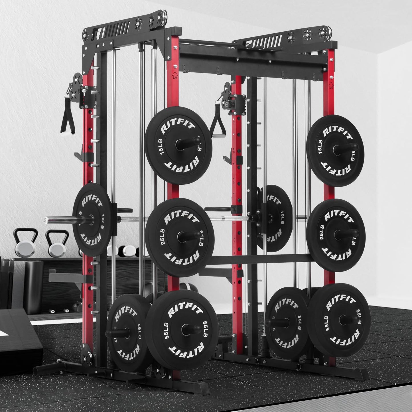 RitFit M1 Pro SmithMachine with Cable Crossover System, Multi-Function Squat Rack Power Cage for Home Gym, Power Rack and Packages Red（bp370 Package）