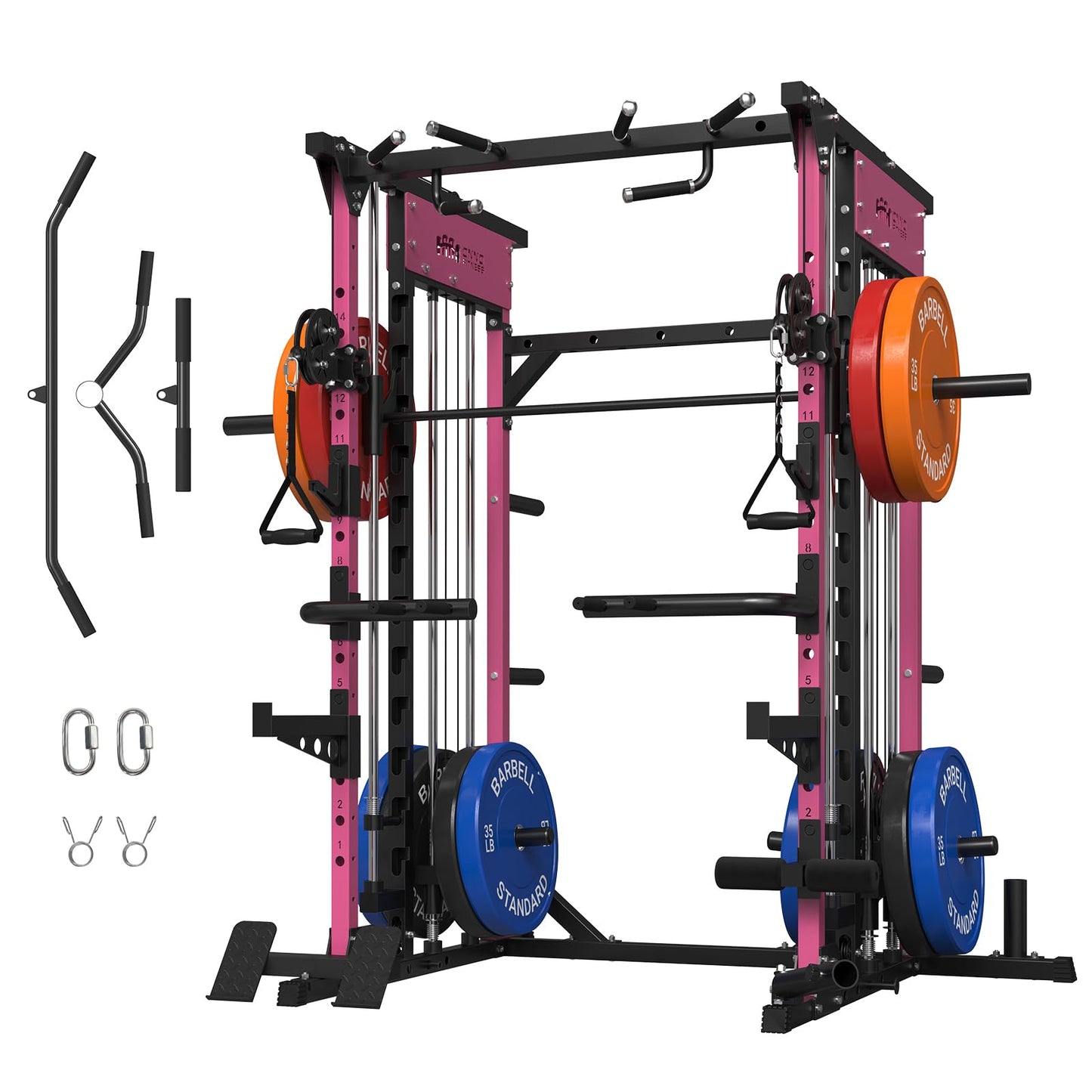 ONNO Smith Machine, 2200lbs Squat Rack with LAT-Pull Down & Cable Crossover System, Multi-Function Power Cage for Home Gym with Leg Hold-Down Attachment Pink