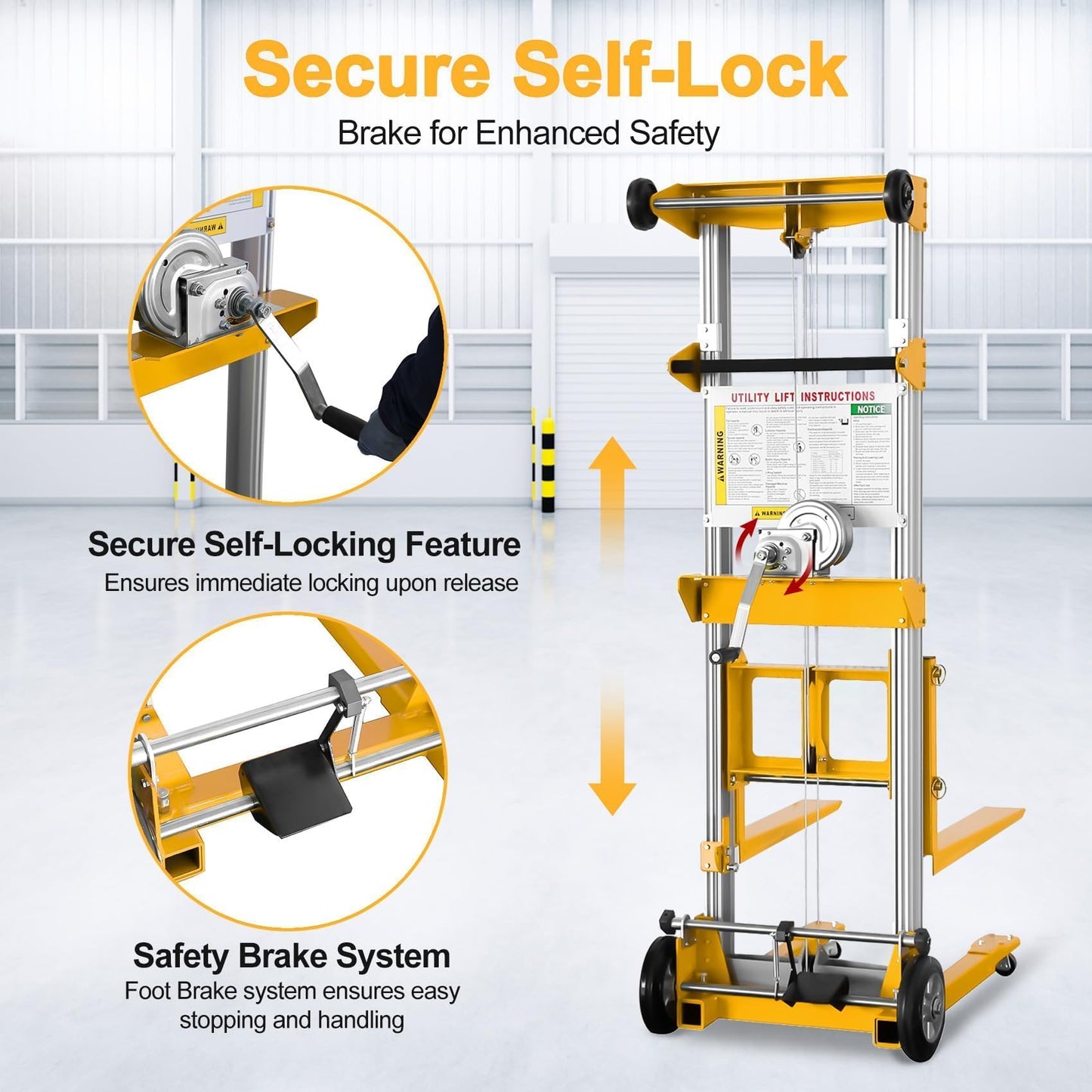 ELOMBR 122" Material Lift Winch Stacker, 400 lbs Capacity Manual Material Lifts, Fixed Straddle Material Lifter, Hand Winch Lift Trucks for Warehouse, Factory, Lightweight, 34.60"L x 24.80"W, Yellow