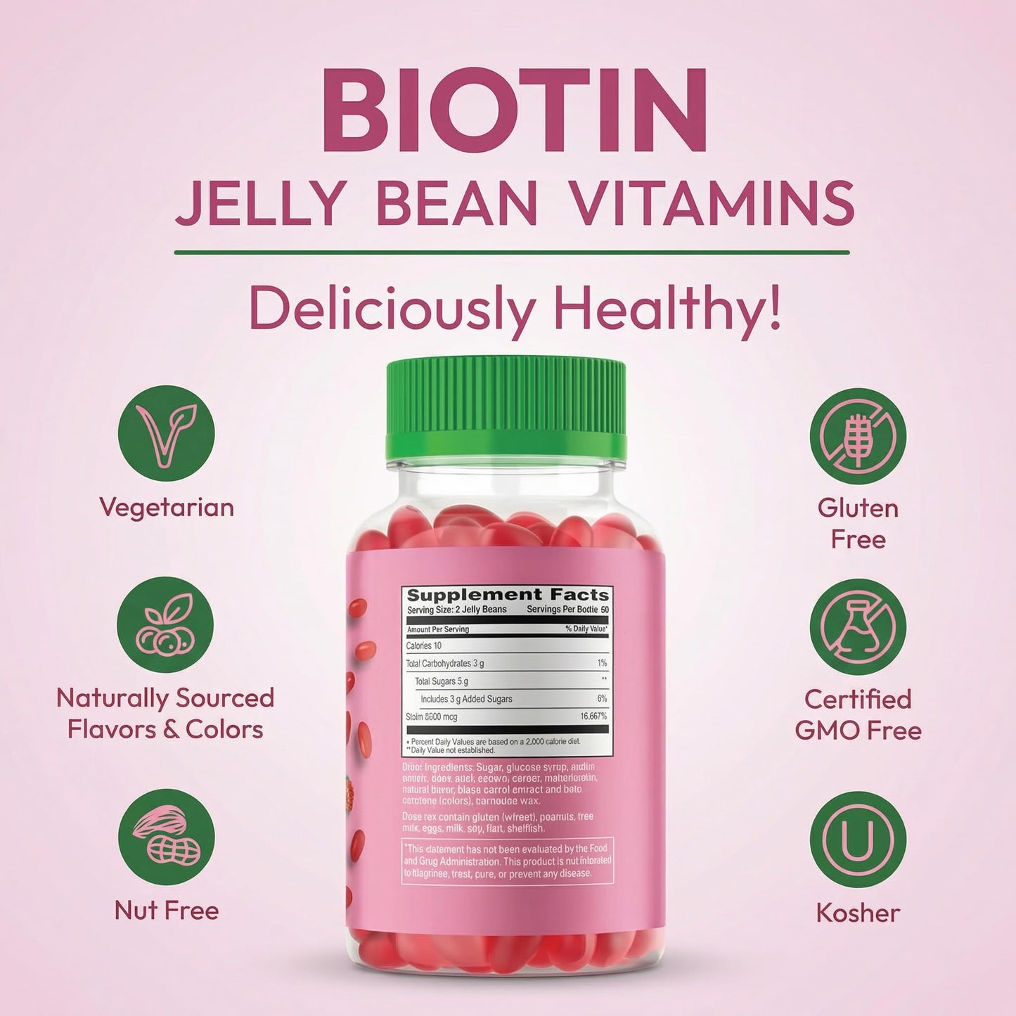 Human Beanz Biotin Jelly Bean Gummy Vitamins, Extra Strength Biotin for Hair, Skin and Nails, 5000mcg per Serving, Hair Growth Vitamins for Men and Women, 120 Strawberry Blast Jelly Beans, Kosher