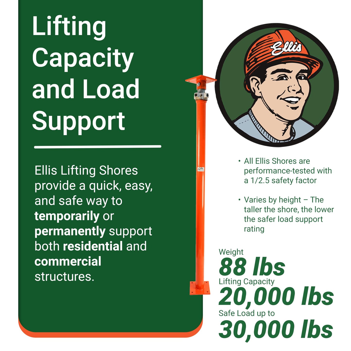 ELLIS Heavy-Duty Adjustable Steel Shore – Basement Post for Foundation, Beams, and Structural Floor Leveling – 30,000 lb Safe Load Capacity – 79"-104" Adjustment