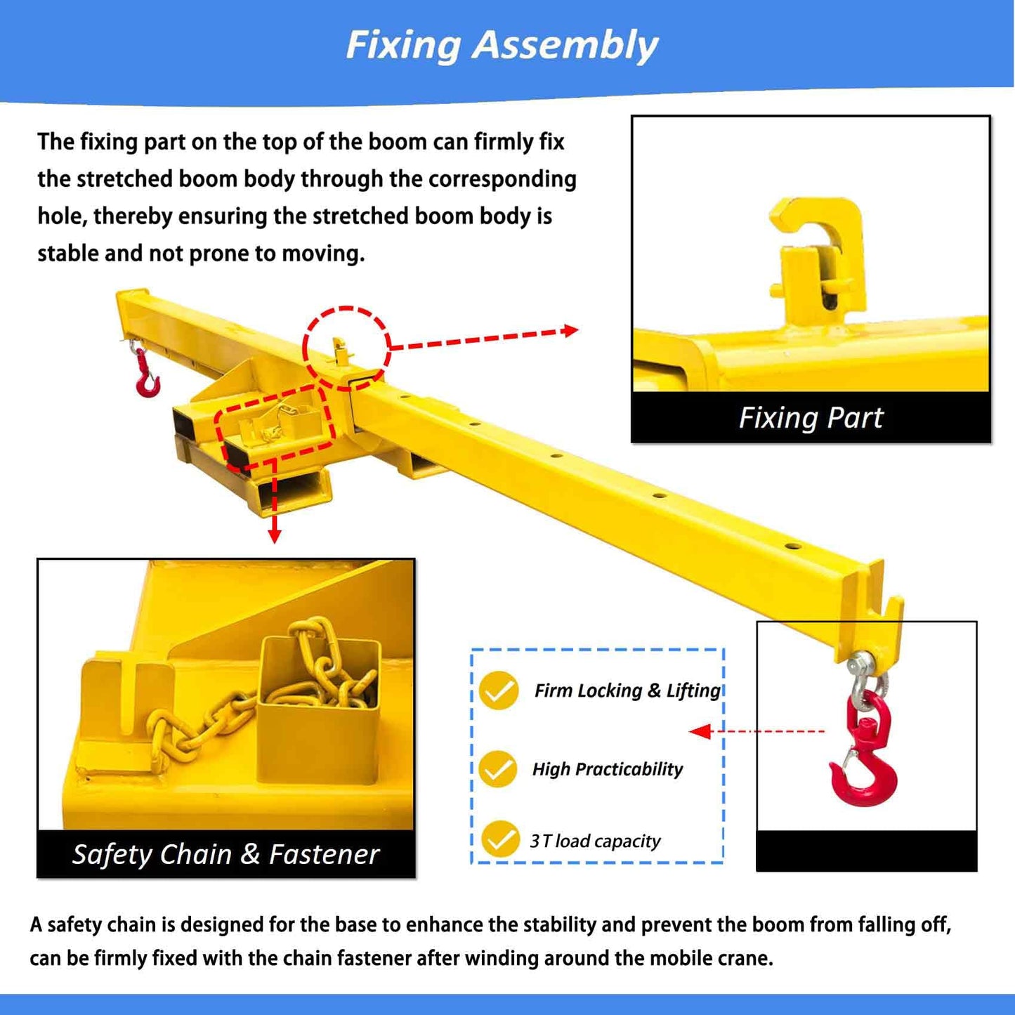 BEILOCKERY Forklift Jib Crane 6600lbs/3 Ton Capacity, Telescopic Boom with Transverse & Longitudinal Direction, Adjustable Mobile Hoist with Truss Boom & 2 Hooks, Max Reach 145.2 Inches
