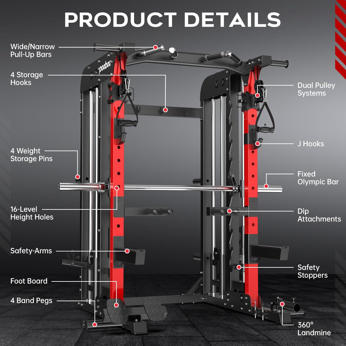 pooboo Multi-Functional Machine Power Cage, 2000LB Squat Rack, LAT-Pull Down System, Dual Pulley Cable Crossover System, Home Gym Workout Machine with Strength Training Attachments (P43 01)